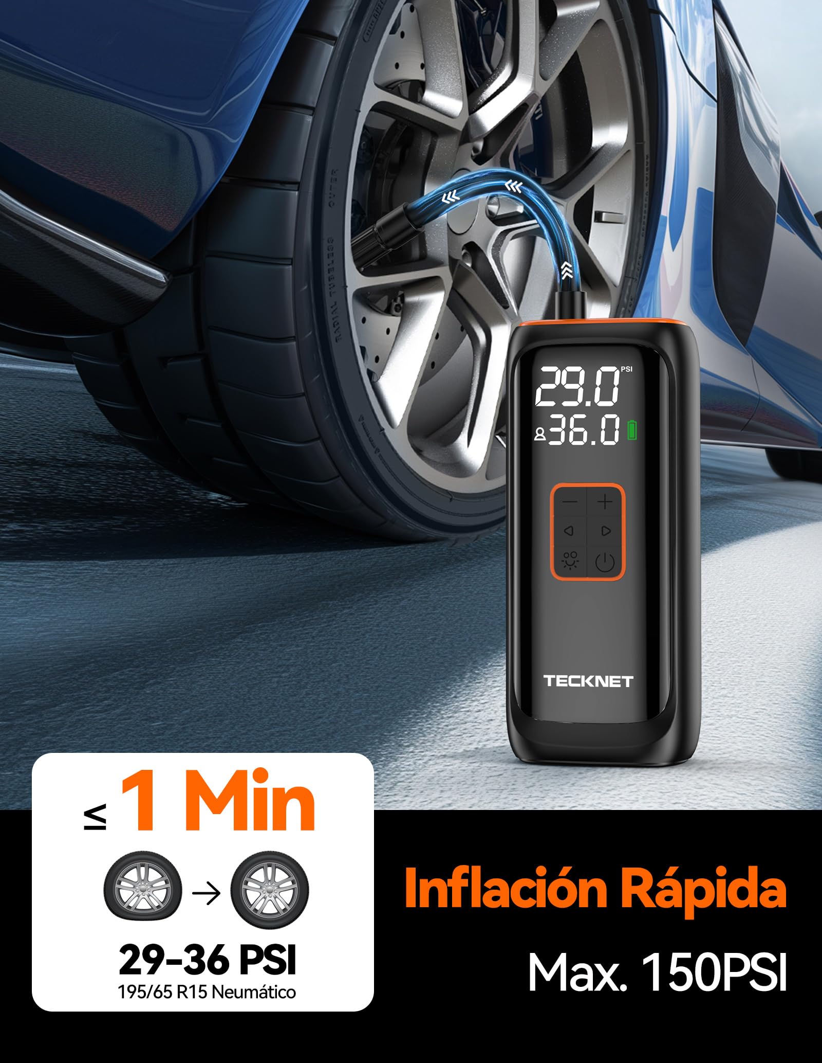 TECKNET Mini Compresor Aire Portátil, 150 PSI Inflador Ruedas Coche, Compresor Recargable 6000 mAh, Puede Utilizar y Linterna, 5 Modos, Adecuado para Coches, Bicicletas, etc.