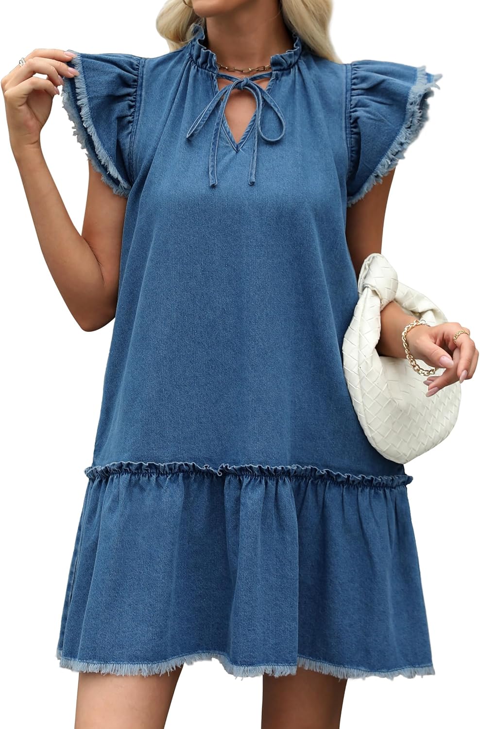 Denim Dress for Women Short Sleeve Jean Dress V Neck Drawstring Casual Mini Dresses with Pockets - Image 5