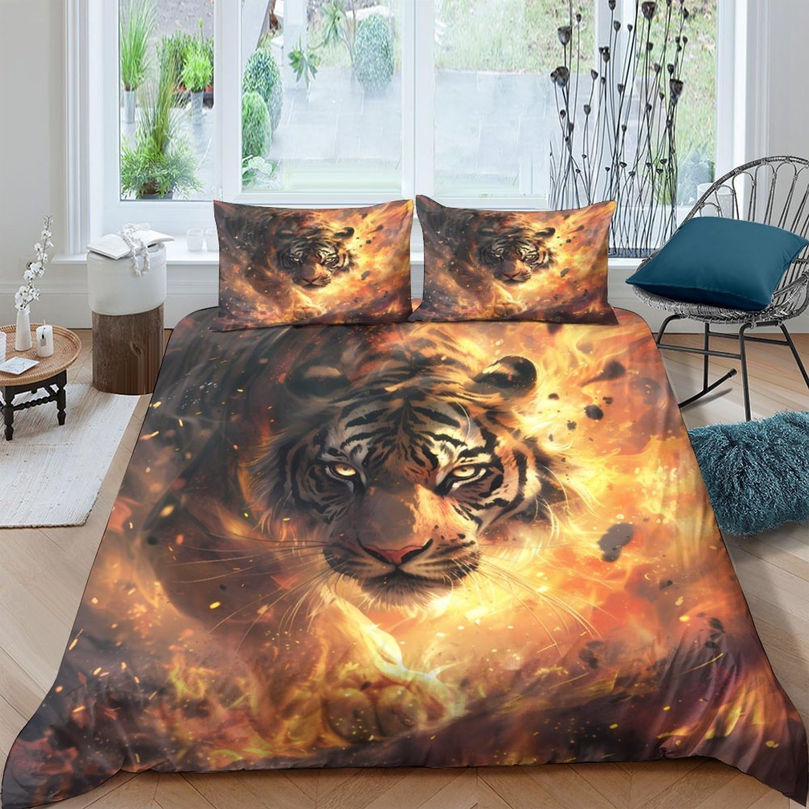 Ctjqhvkz Style-5 3D Printed Fiery Tiger Fitted Sheet Microfiber Soft Breathable Wild Animal Bed Cover For Bedroom Dorm Decor Mattress Protection Single（135X200cm）