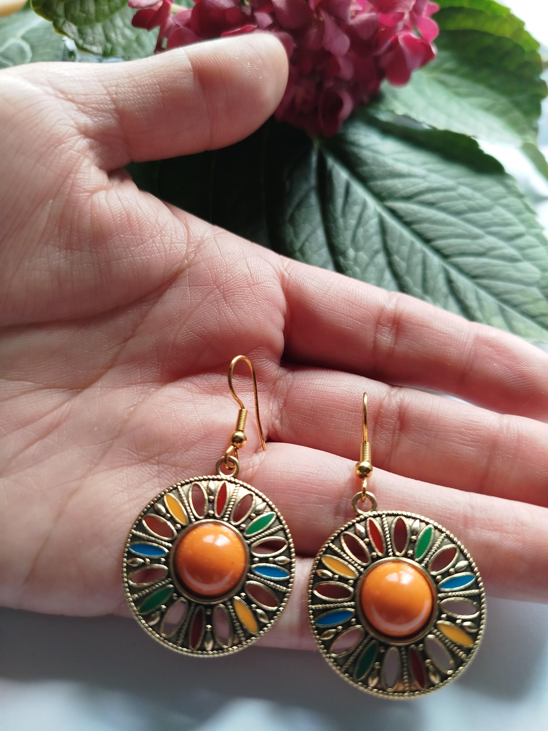 ZARZAMORA Pendientes Bohemio Vintage Plata Tibetana Acero Inoxidable Colgantes Redondos Esmaltados Colorido Regalo Original