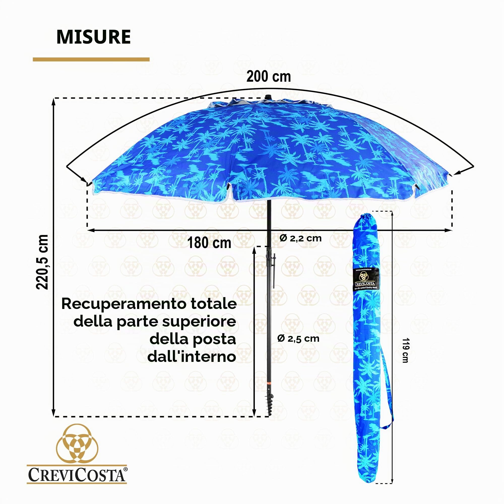 CREVICOSTA QUALITY MARK MARCAS DE CALIDAD - Ombrellone da spiaggia 200 cm con spirale e palo di viaggio totale. Protezione totale contro i raggi UV (Bahamas), Bahamas, 200 cm, Tropicale