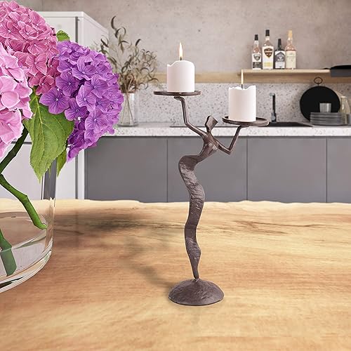 Miniatura 3 de Danya B. Decoración de estante de metal abstracto, figura decorativa de hierro fundido para velas de dos bolas o pilar, portavelas doble de Fancy