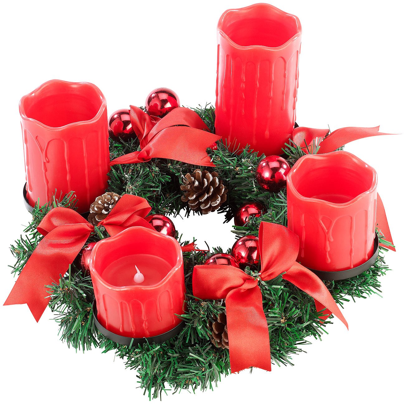Tannenkranz LED-Kerze: Adventskranz mit roten LED-Kerzen, rot geschmückt (Adventskränze ohne Echte Kerzen, Tischdekorationen, Winter)