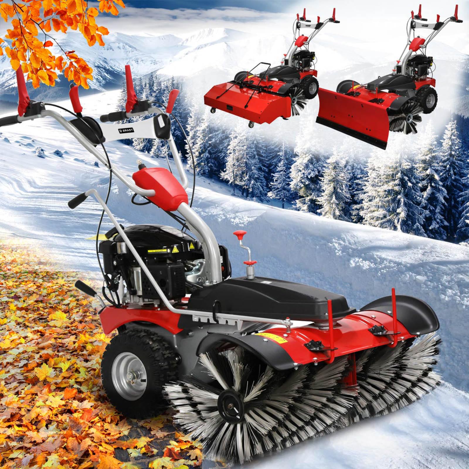 BRAST Kehrmaschine Benzin | Laubsammler Schneeschieber | XXL Premium | 4,8kW(6,5PS) - 5,14kW(7PS) | viele Modelle | 80-100cm Arbeitsbreite | Elektrostart | Schneeketten | 3in1 Gerät
