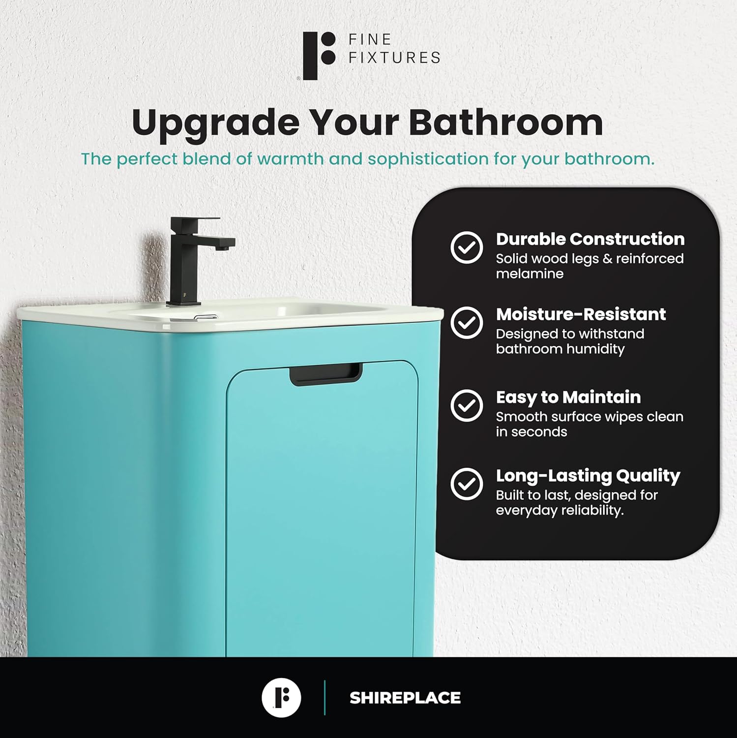 Fine Fixtures Shireplace Collection, 24 Inch Bathroom Vanity with Sink, Bathroom Cabinet Storage, Freestanding Vanity, Tiffany Blue – Elegant Modern Design, Soft-Close Doors, Recessed Handle