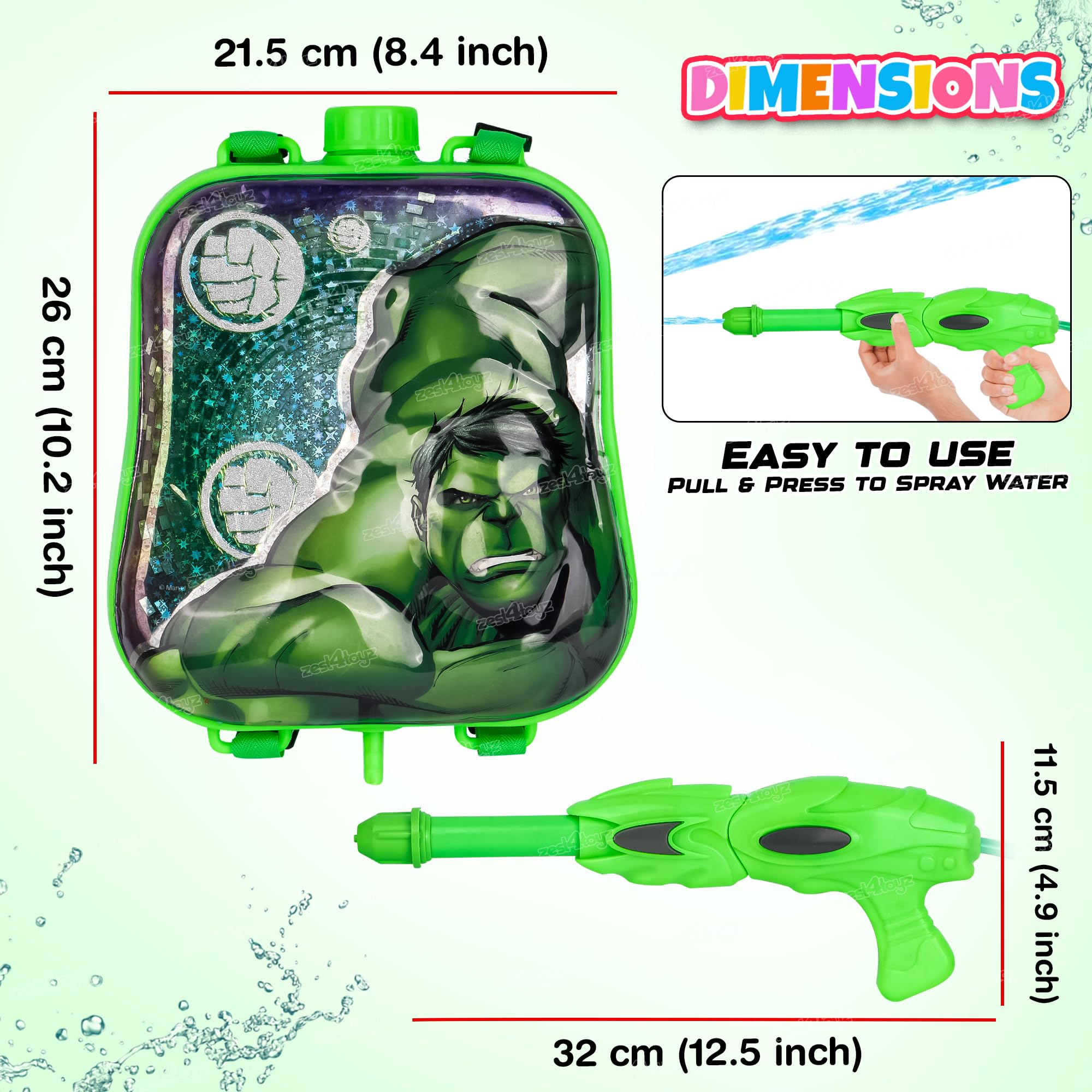 Zest 4 Toyz Holi Pichkari Water Gun for Kids Powerful High Pressure Water Tank with 1 Pkt Herbal Gulal & 100 Balloon - Hulk (Super Tank)- Boys and Girls 1