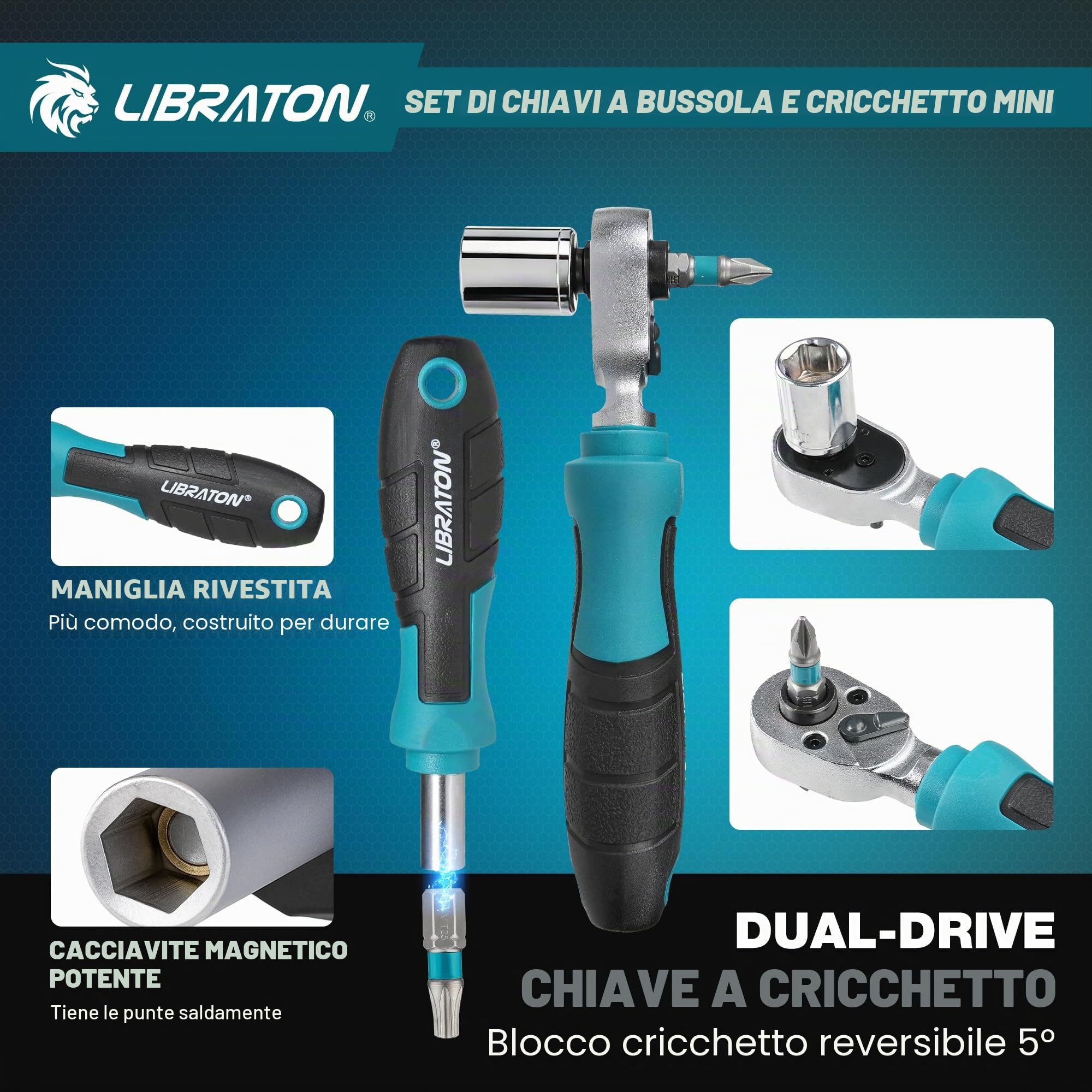 LIBRATON Set di 37 mini chiavi a bussola e cricchetto da 1/4" con punte, prese poco profonde da 4-13 mm, manico magnetico, barre di estensione e giunto universale, con custodia per fai da te