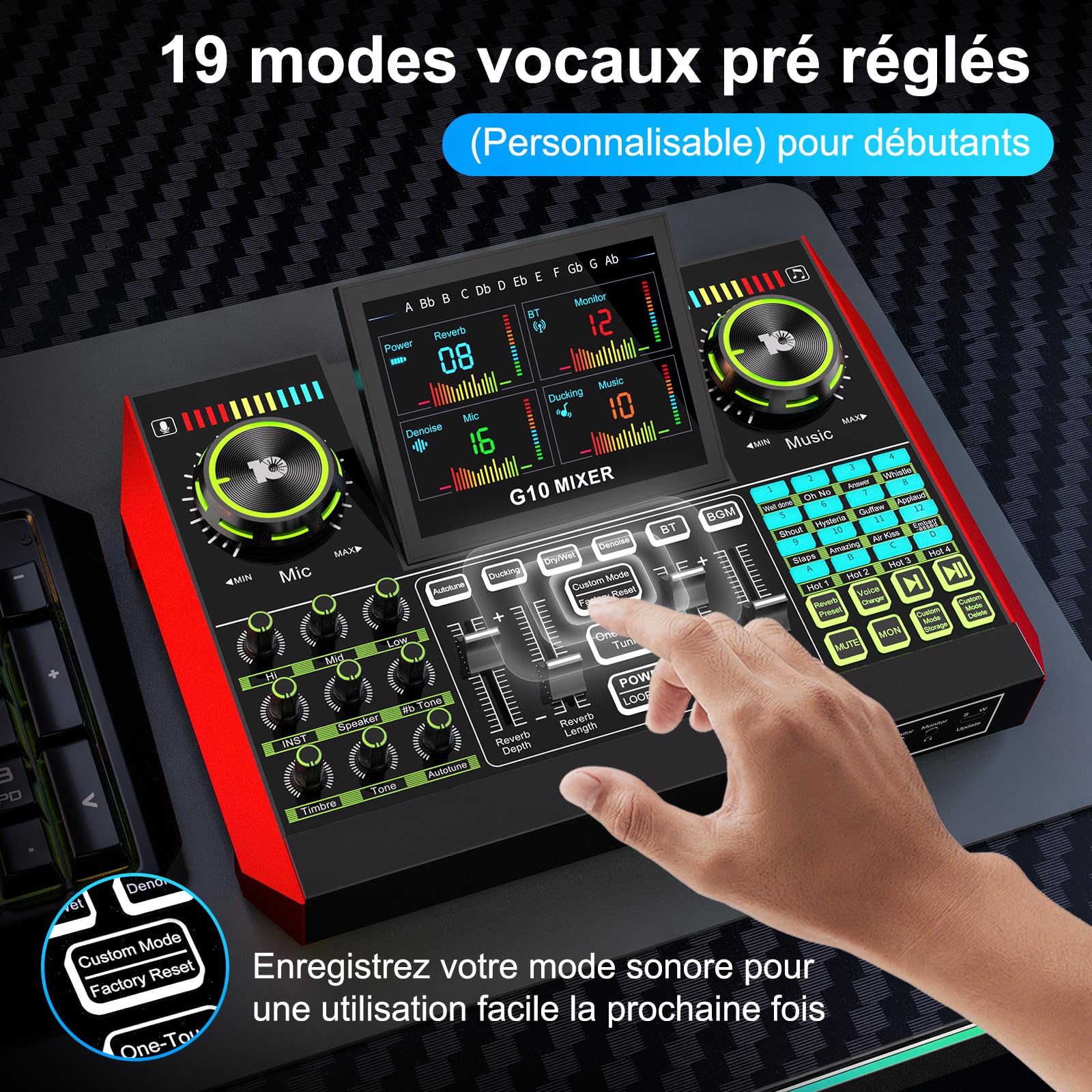 G10 Kit Podcast avec Micro Condenseur P15 et Table de Mixage Live Sound Board - Changeur de Voix, Réduction de Bruit, Mode Follow Singing Karaoké pour Streaming, Gaming, Chant, Podcast Débutant
