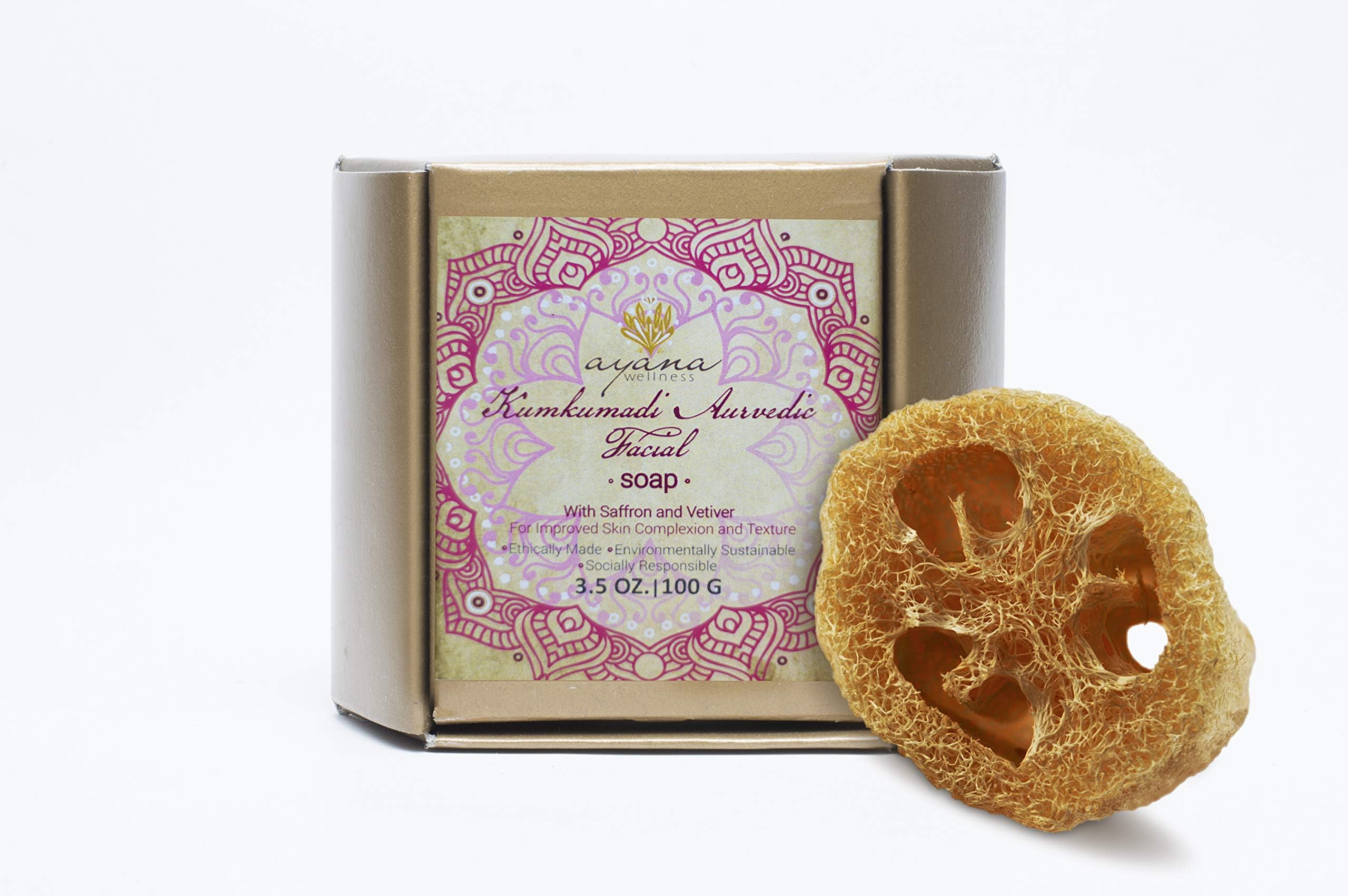 Ayana Wellness โKumkumadi Ayurvedic Facialโ Bar Soap - Free Loofah - Handcrafted Artisan Organic Soap | Improved Skin Complexion | All Natural Face Cleanser | Fancy Soaps Ethically Made
