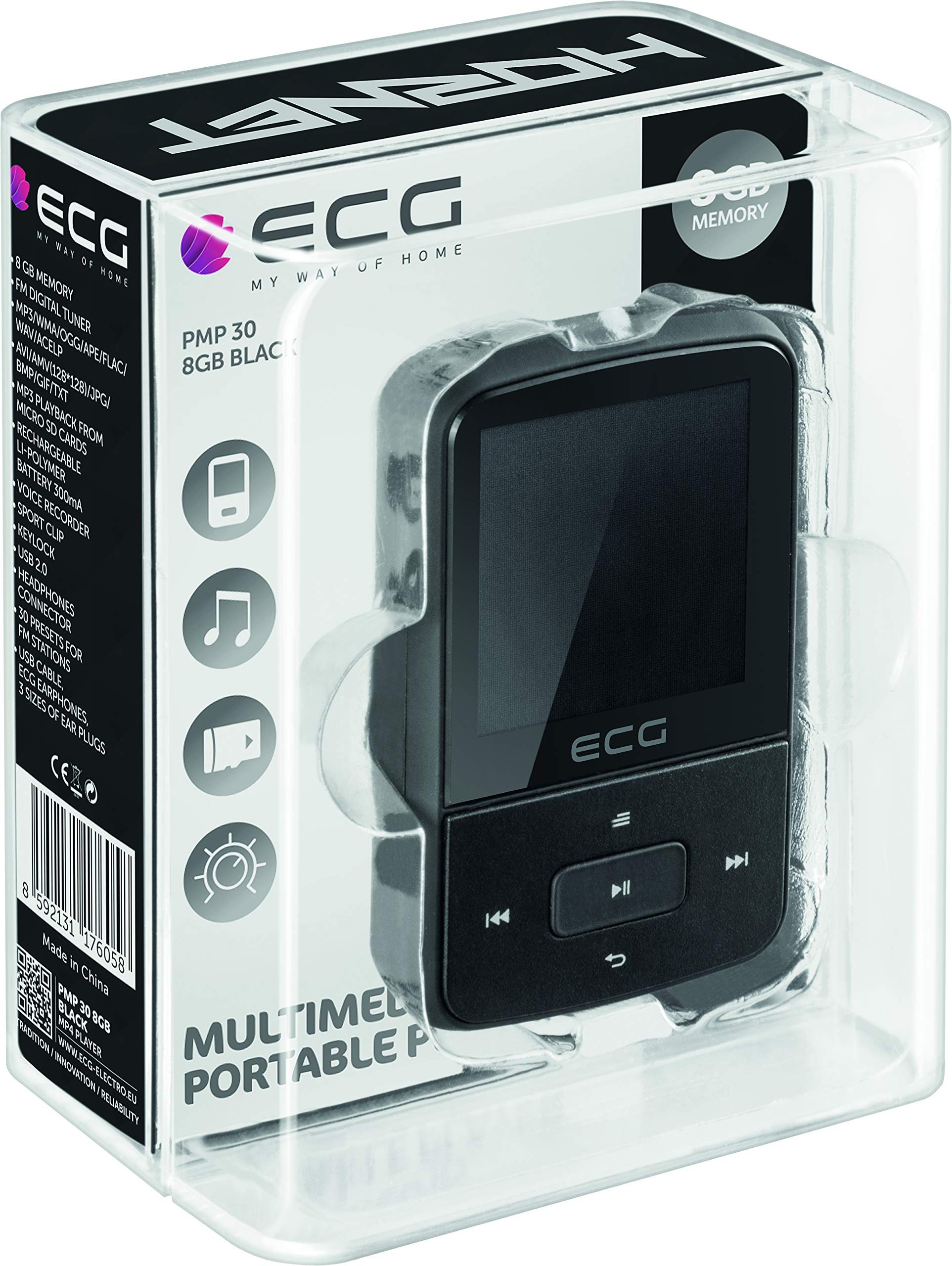 ECG PMP 30 8 GB Black & Orange MP3/MP4-speler – geheugen 8 GB; 30 voorkeuzes voor FM-zender; MP3 van de Micro SD-kaart; dicteerapparaat; sportclip; toetsenblokkering; USB 2.0; in-ear hoofdtelefoon van