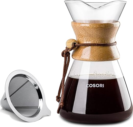 COSORI Pour Over Coffee Maker, 8 Cup Glass Coffee Pot&Coffee Brewer with Stainless Steel Filter, High Heat Resistance Decanter, Measuring Scoop Included, 34 Ounce