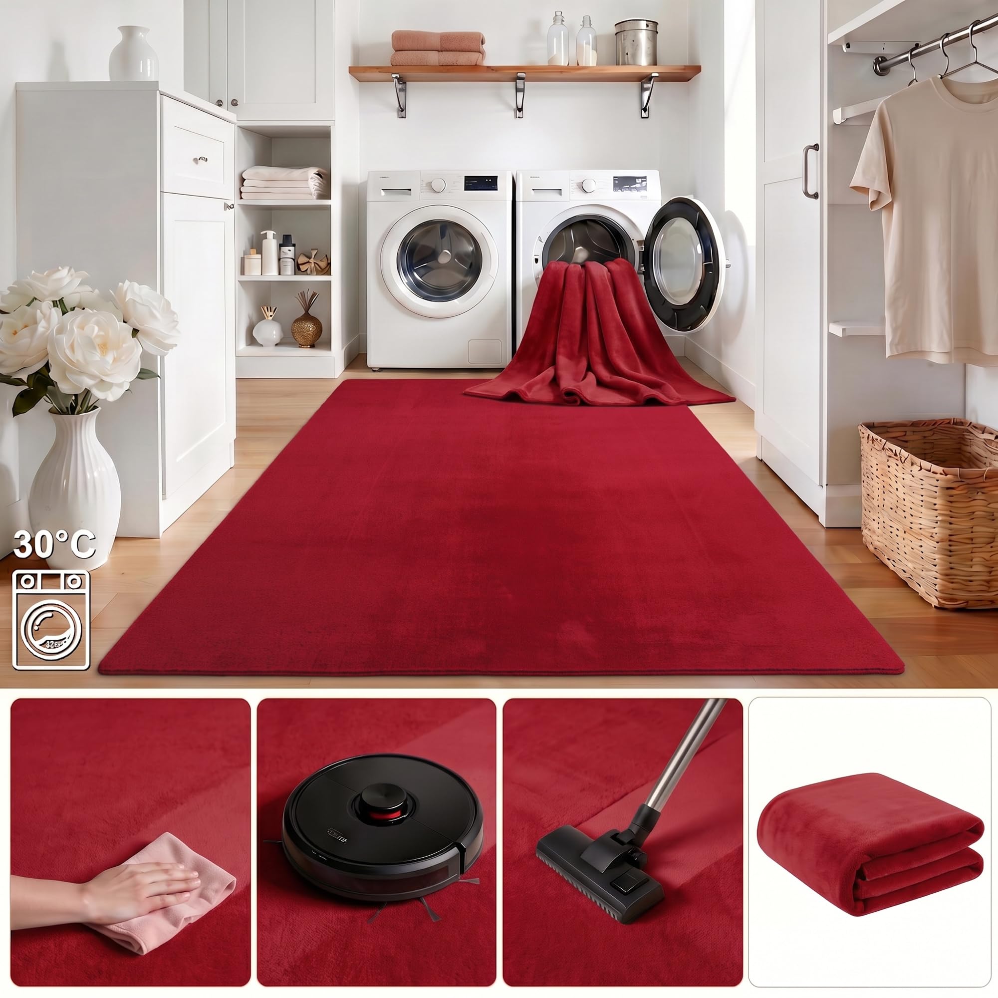 HomebyHome Alfombra Rojo 200x280 cm Alfombra de Pelo Corto Lavable, Antideslizante y Suave, Diseño Monocromático Moderno para Sala, Dormitorio, Cocina y Habitación Infantil