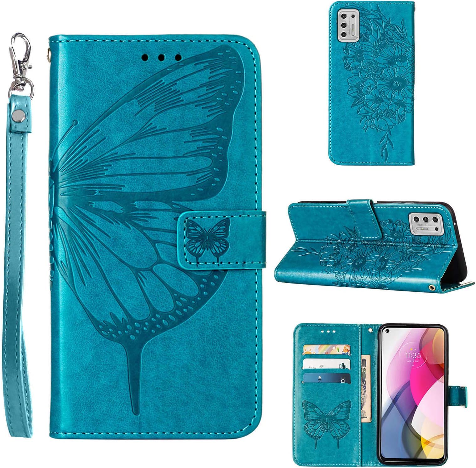 Compatible for Moto G Stylus 2021 Case Wallet,[Kickstand][Wrist Strap][Card Holder Slots] Butterfly Floral Embossed PU Leather Flip Cover for Moto G Stylus (2021) Case (Blue)