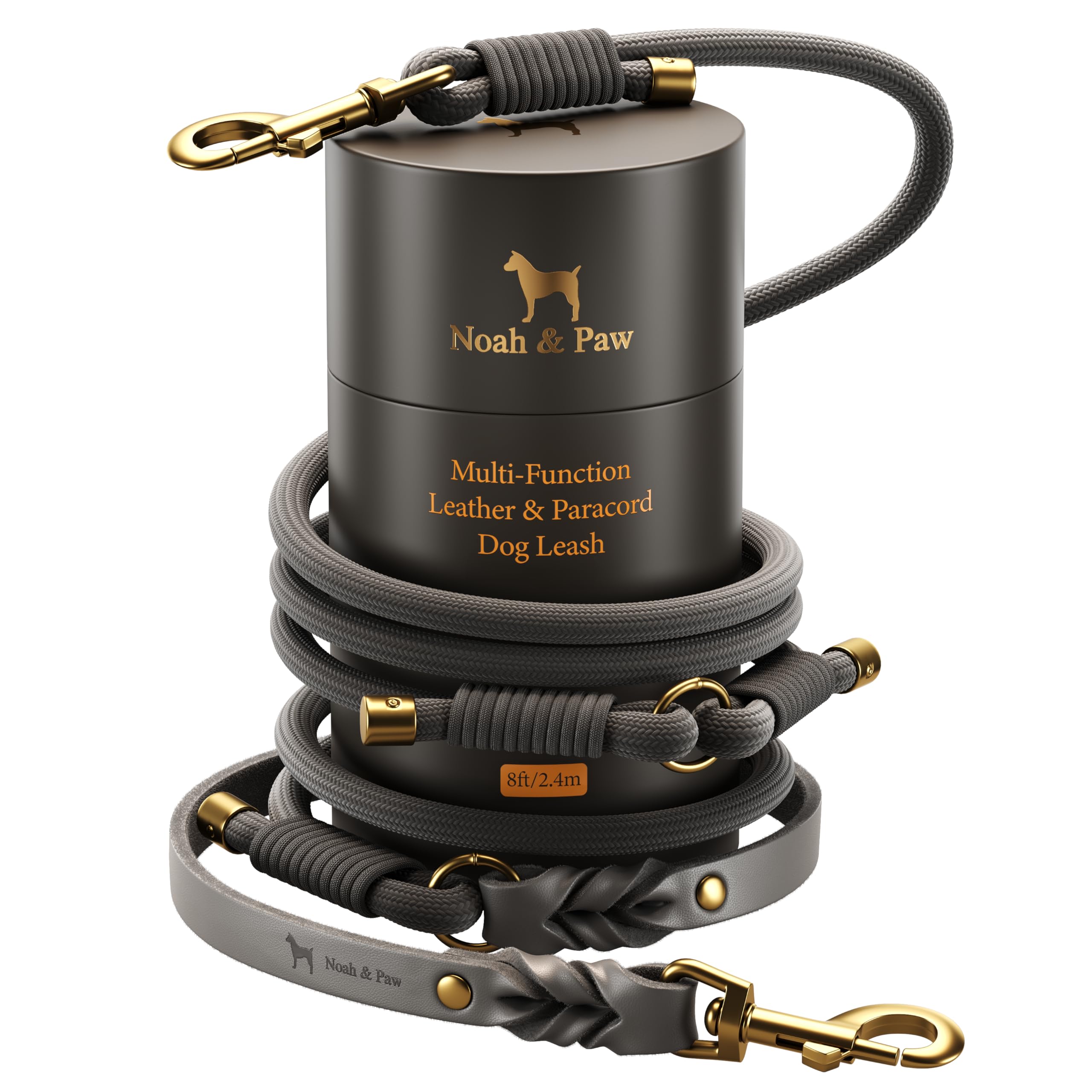 NOAH & PAW Hands Free Dog Leash, Oil-Waxed Leather & Heavy-Duty Paracord, 8 ft, Long Dog Leash with 6 Ways to Use (Ideal for Cats, Small, Medium & Large Dogs) Matching Collar Available. (Grey)