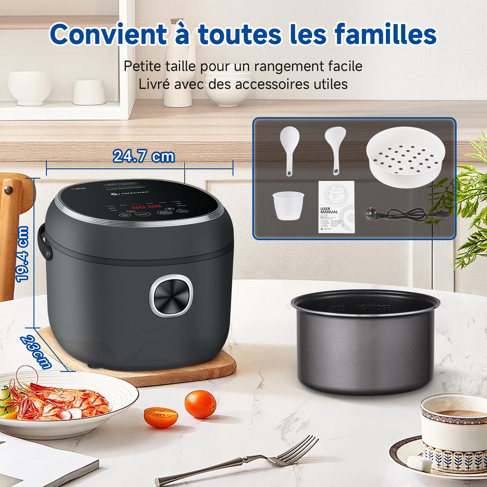 Cuiseur à riz AMZCHEF 2L, cuiseur à riz électr. avec 12 menus prédéf., affichage num., 4 tasses pour 1-4 pers., minuteur 24H et maintien au chaud 12H, poignée de transport, panier vapeur, 400W