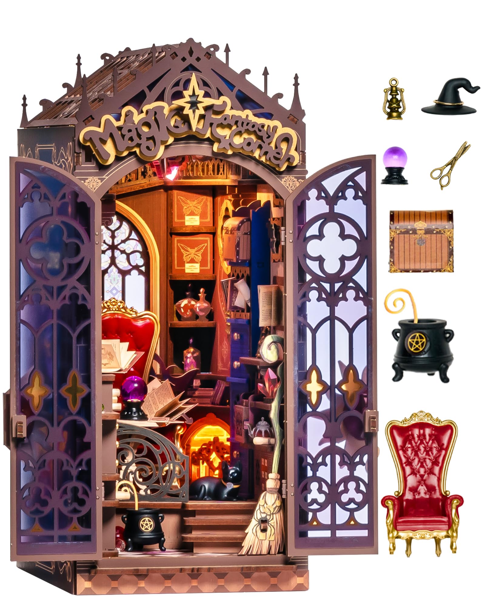 Rolife Book Nook Puzzle 3D Magic Fantasy Corner, DIY Miniature House con Luci e Porta Chiudibile, Kit Diorama Booknook per Libreria d'Angolo, Regalo di Natale & Compleanno Unico per Adulti