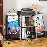 Vista 3 de Record Player Stand with Vinyl Storage – Record Table with Holder,6-Bin Vinyl Storage Rack & Drawer, Dual Side Display Shelves,Holds 200+