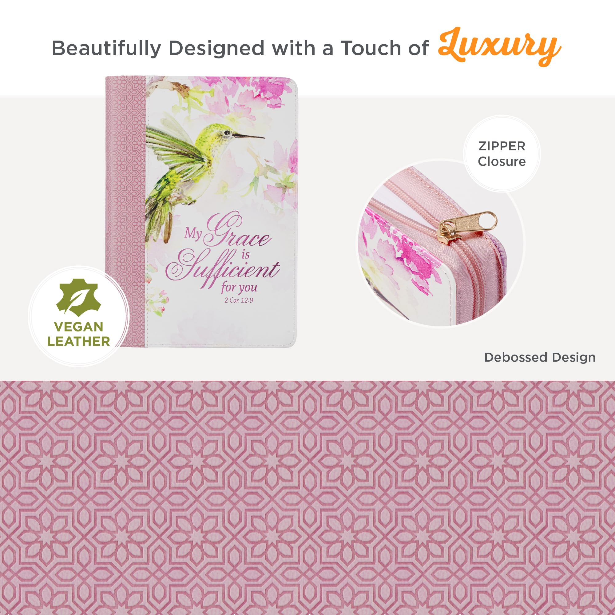 Christian Art Gifts Diario rosa in pelle vegana con cerniera, notebook da donna ispiratore My Grace Scripture, copertina flessibile, 336 pagine a righe, segnalibro a nastro, 2 cor. 12:9 Verso della