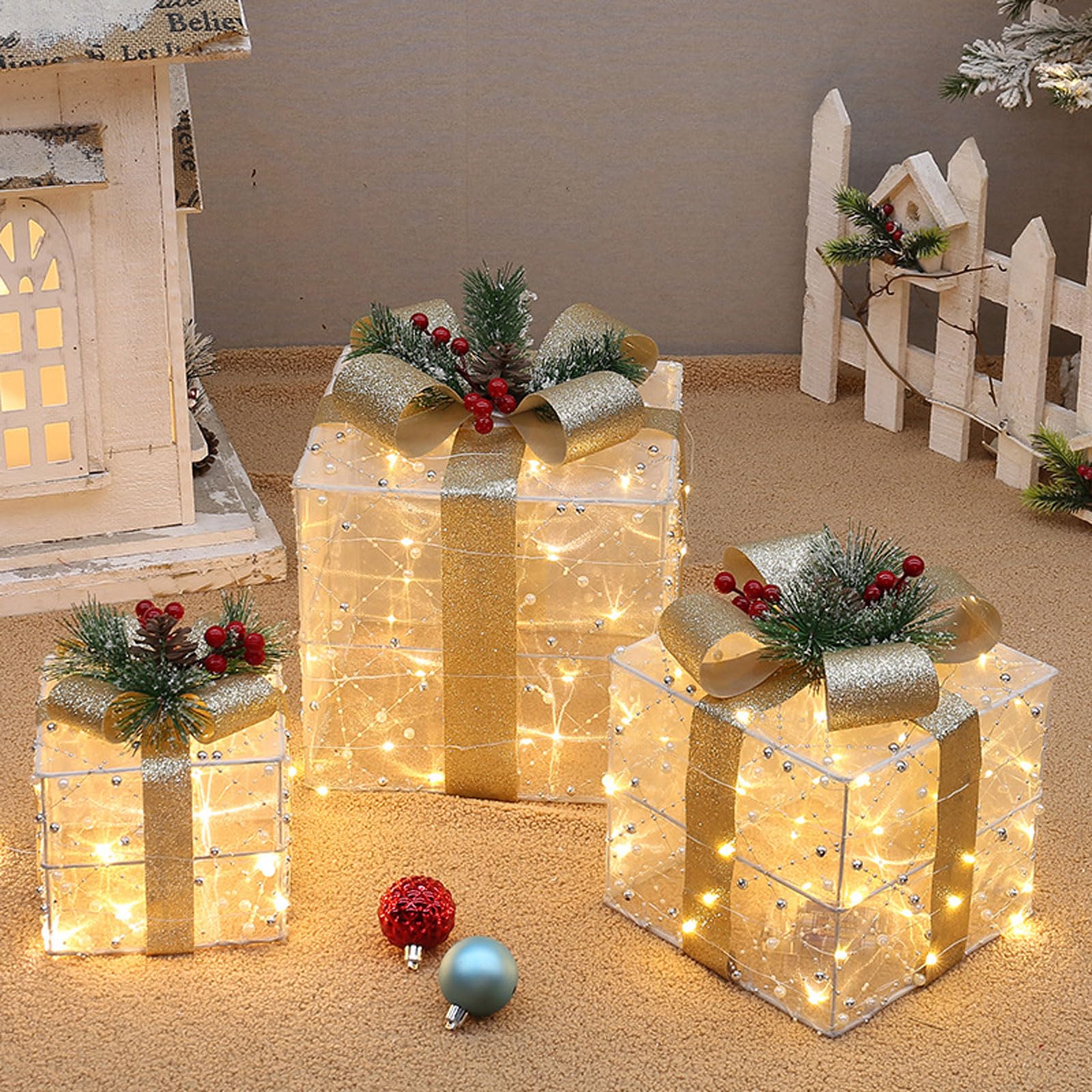 Juego de 3 Cajas de Regalo Iluminadas de Navidad,Decoración de Caja de Nochebuena,Iluminaciones de Navidad,Blanco Cálido Decorado con un lazo,agujas de pino y frutos rojos,para Hogar Jardín Fiesta