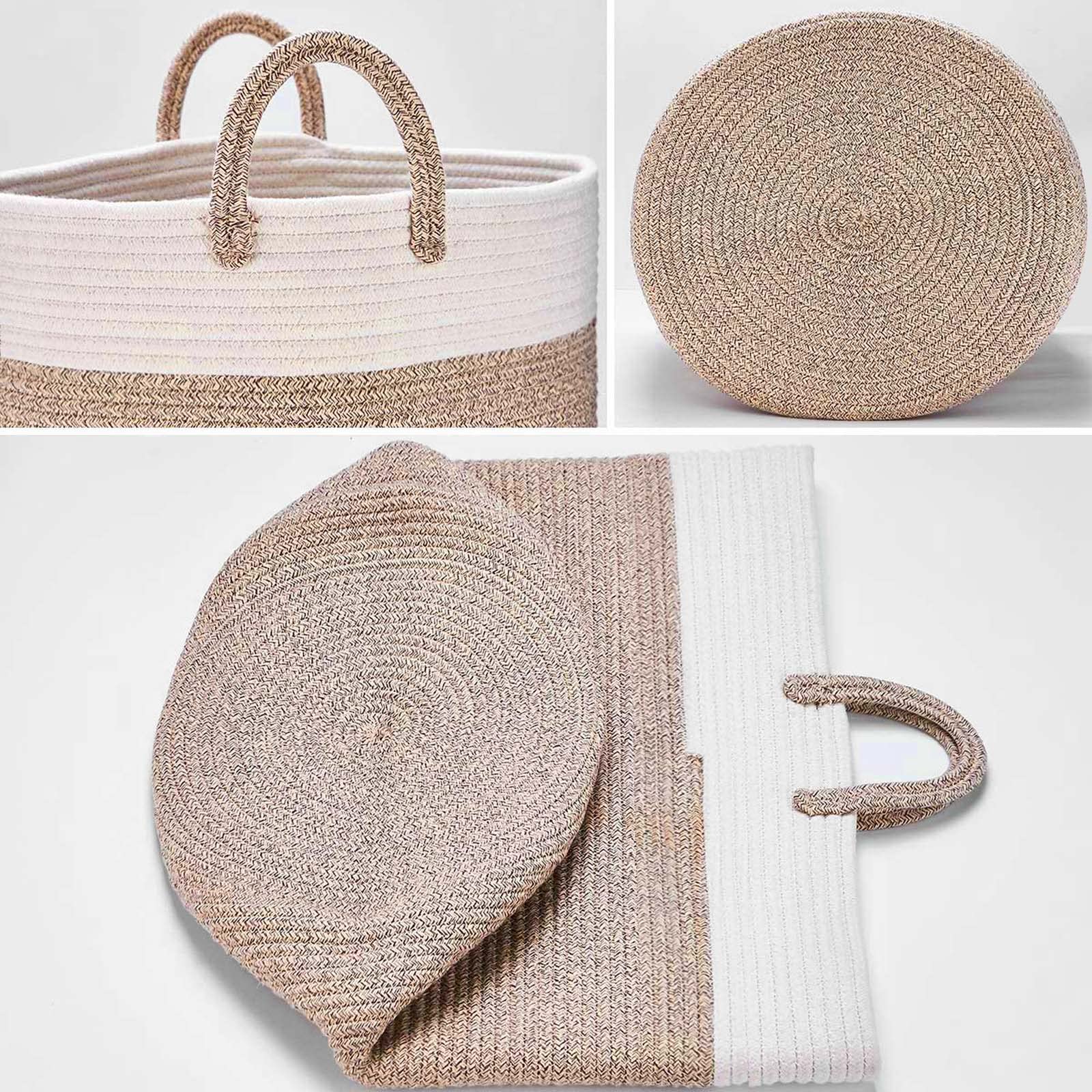 Cesto Portabiancheria Pieghevole con Manico Intrecciato Ceste Vimini Grandi Cestino Fatto a Mano in Corda di Cotone per Biancheria per Libri, Giocattoli, Coperte(46 x 38 cm)