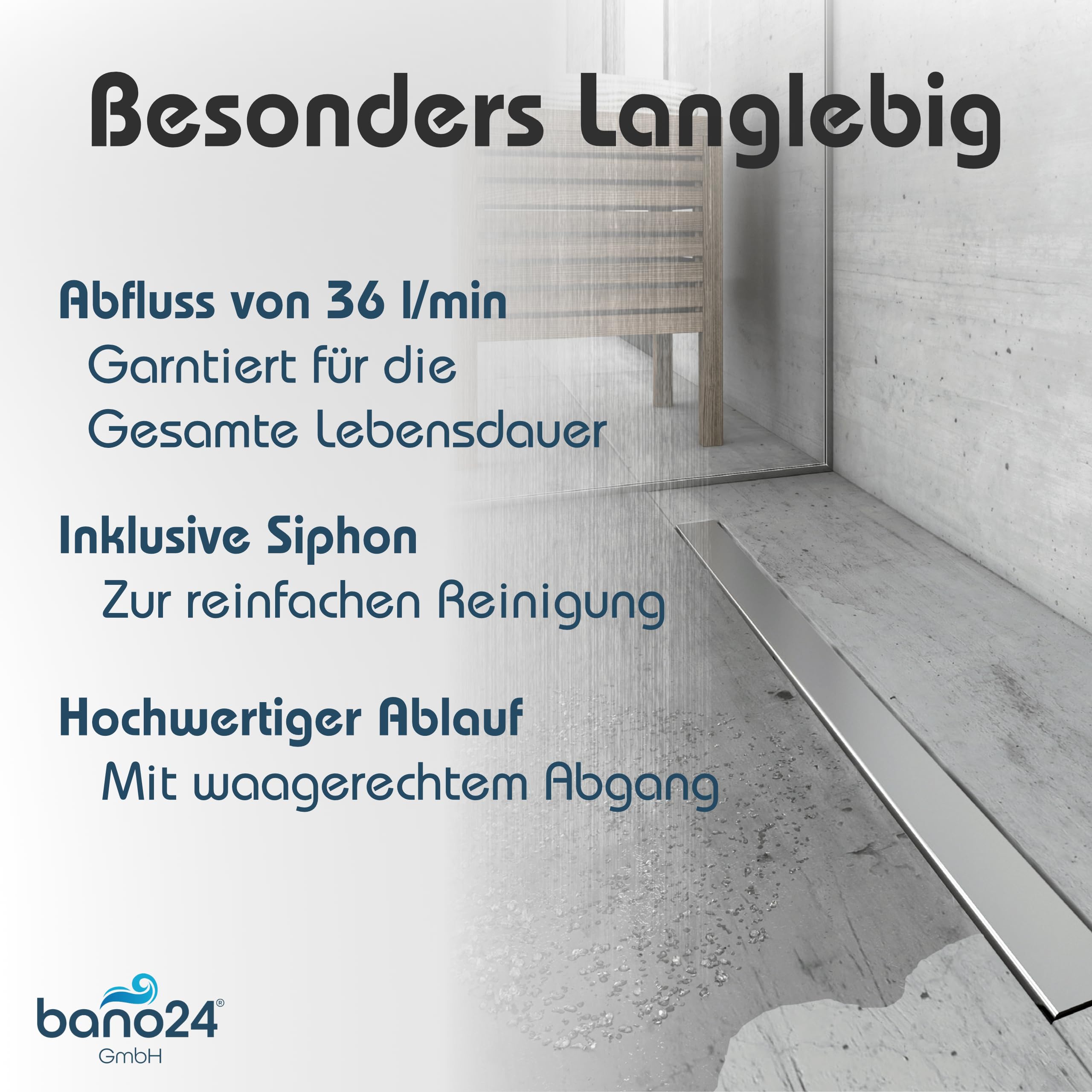 Edelstahl Duschrinne extra flach mit Ablauf & Siphon (70cm, Höhe 53mm) - waagerechter Duschablauf Komplettset Vollabdeckung - Duschabfluss & Duschablaufrinne mit passender Dichtmanschette