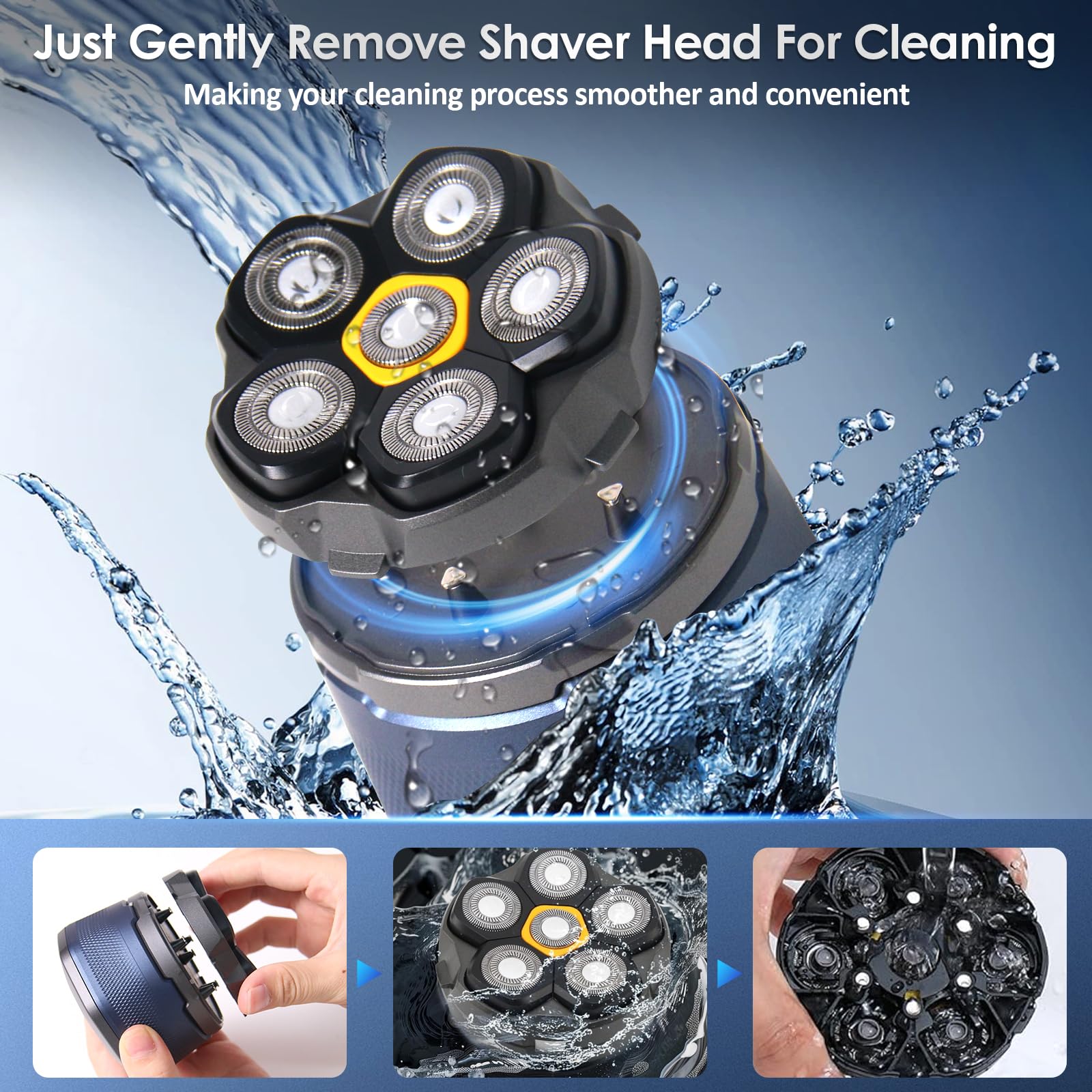 Journeyside Rasoir Tete Chauve Homme, Rasoir Electriques Hommes,6D Rasoir Tete Hommes IPX7 Étanche pour Utilisation Humide et Sèche,Rasoir Chauve Sans Fil Adapté Toilettage Visage et Coiffage Chauve