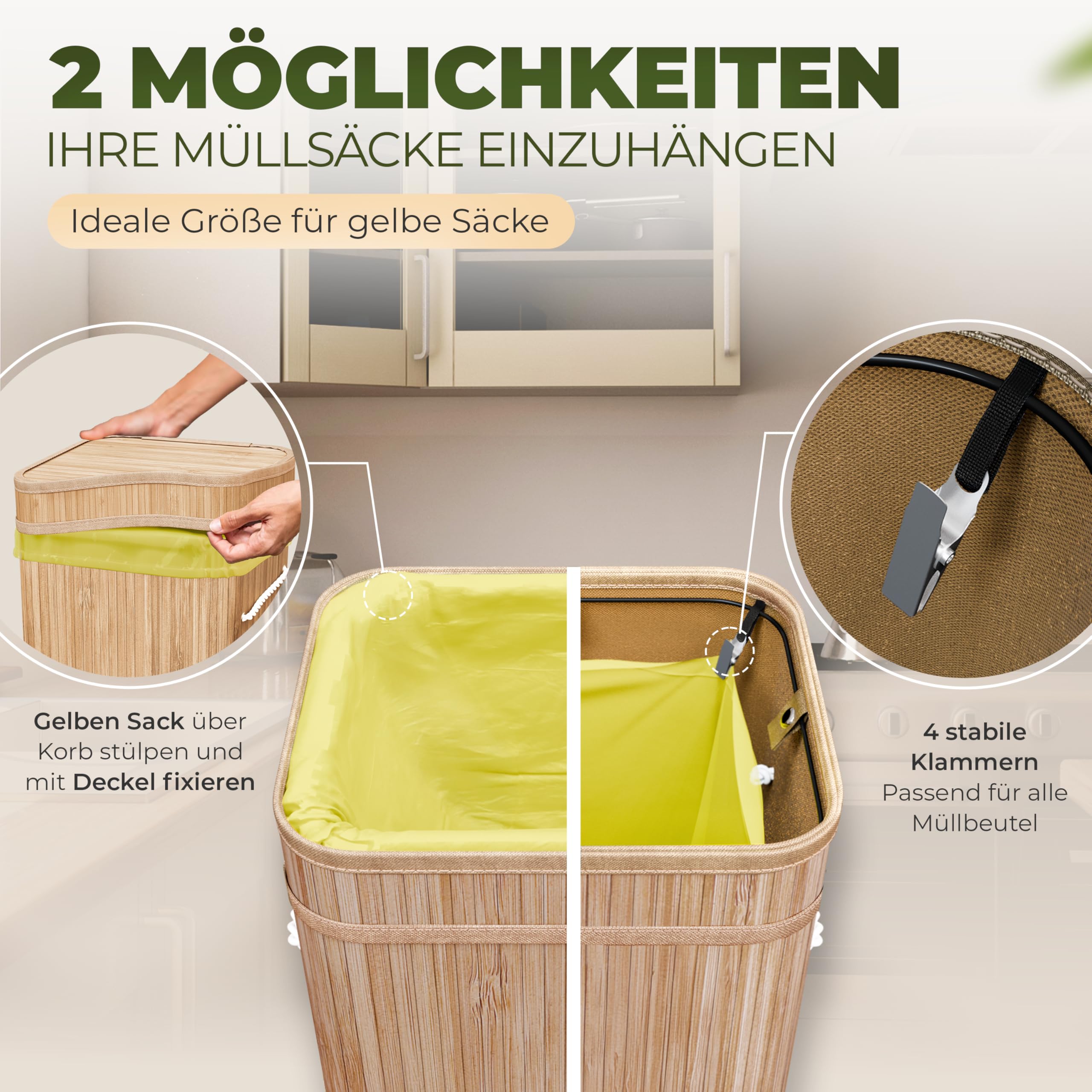 COTTARA® gelber Sack Ständer Mülleimer mit Deckel Müllsackständer für Gelbe Säcke aus Bambus inkl. waschbare Innentasche, 60-120L Müllsystem Behälter für Recycling doppelt verstärkter Halt