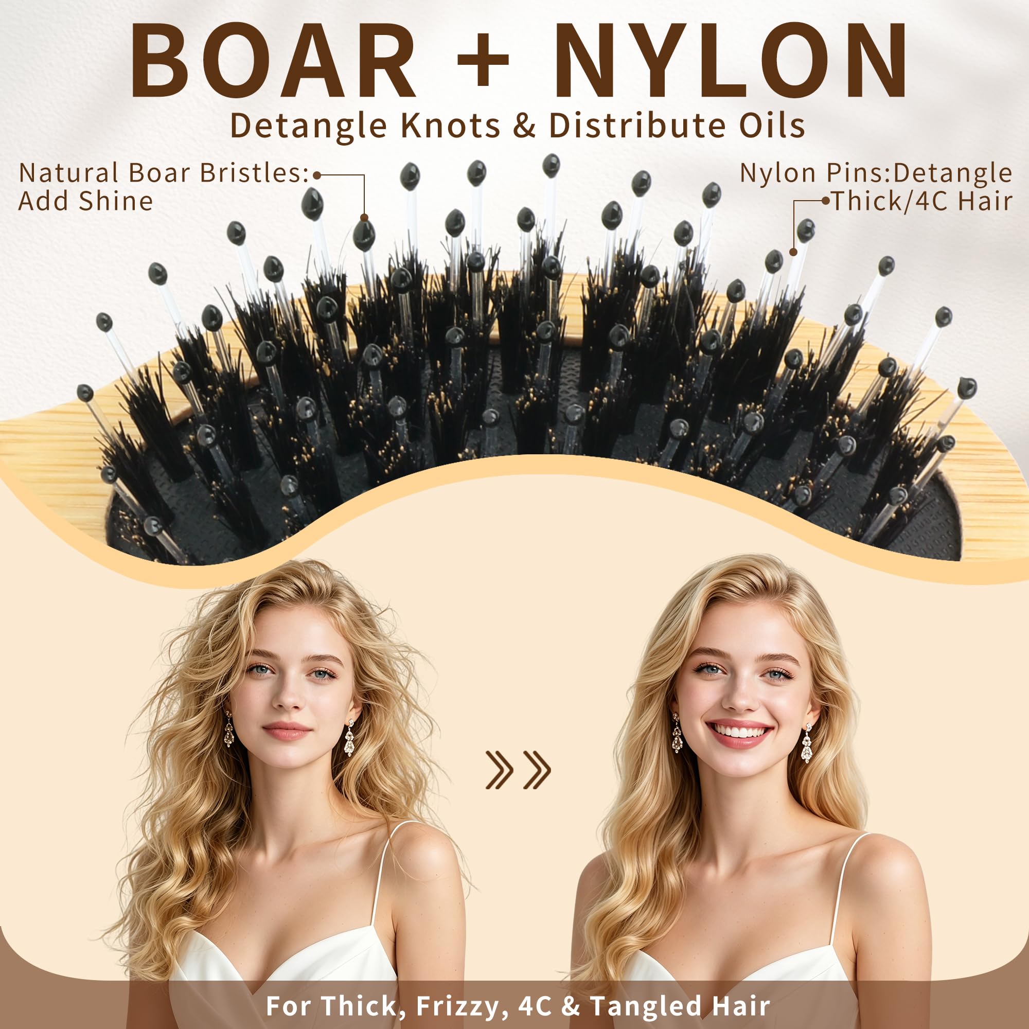 Mini spazzola per capelli in bambù, 2 pezzi, con setole di cinghiale e forcine singole, districante per massaggi, piccole dimensioni da viaggio per capelli spessi/ricci, spazzola tascabile