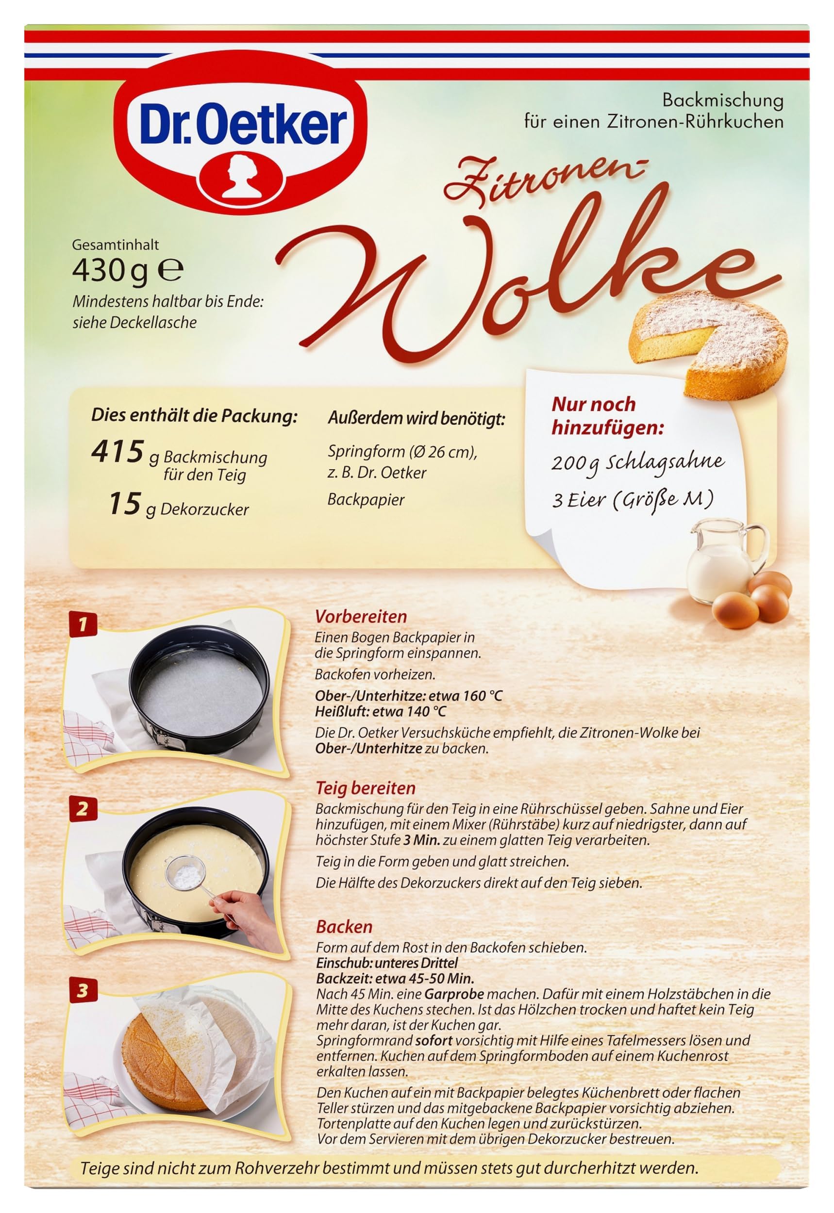 Dr. Oetker Kuchen-Backmischung Zitronen-Wolke 6er Pack, Backmischung für besonders luftig-lockeren Zitronen-Rührkuchen, Teigmischung für einfache Zubereitung, 6 x 430 g