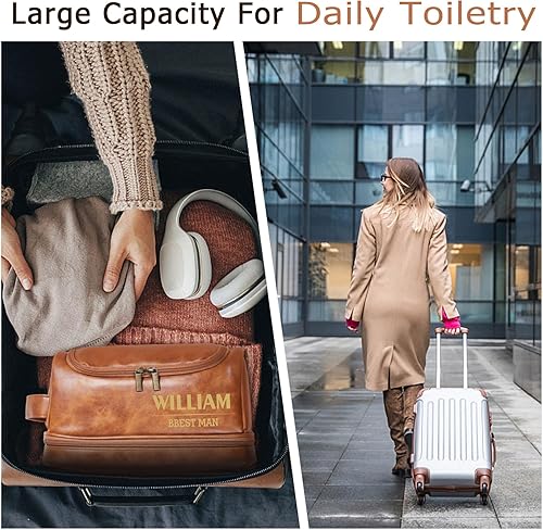 Miniatura 4 de Flycalf Neceser personalizado para hombre, bolsa de afeitado colgante, de cuero resistente al agua, para el Día del Padre 2023, organizador de gran