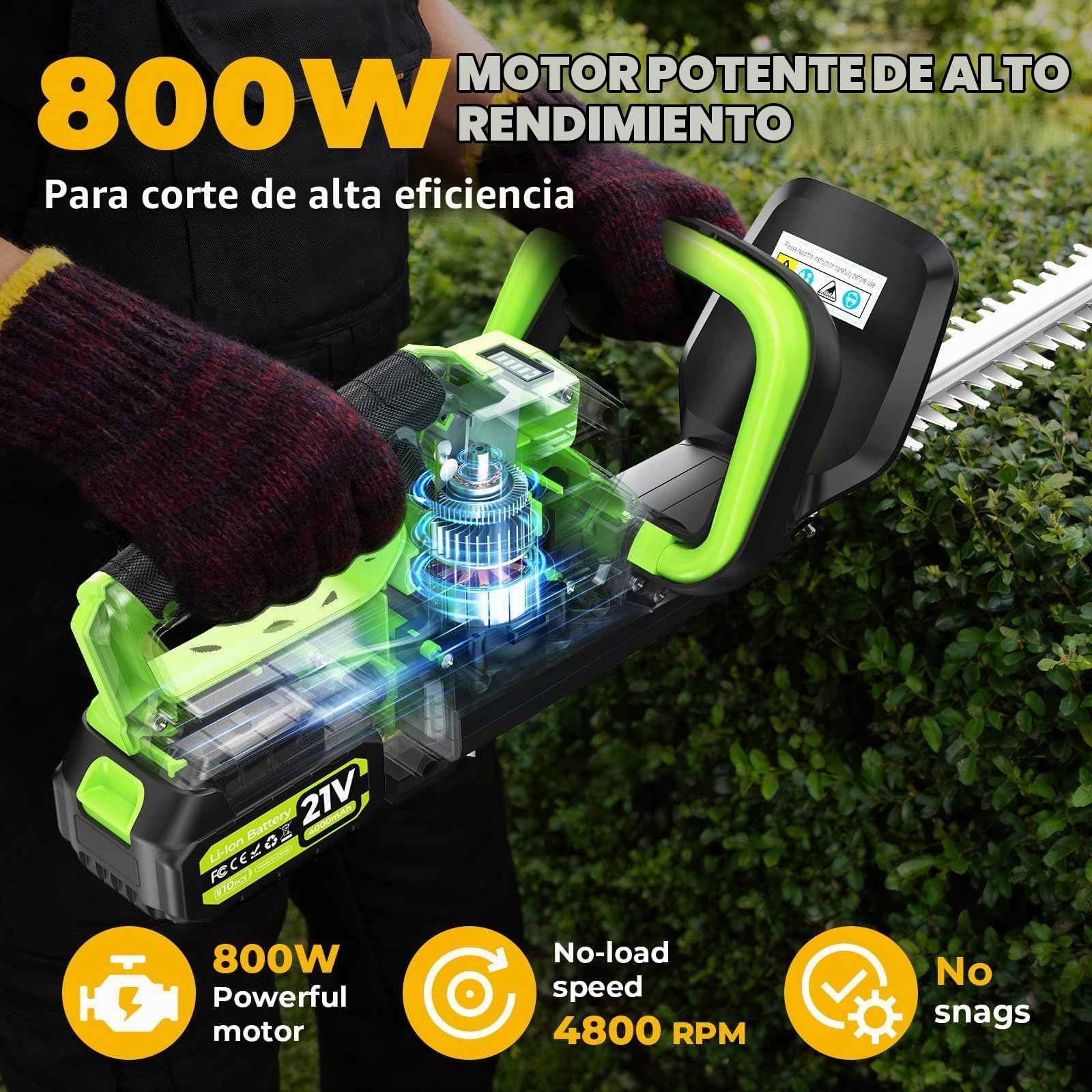 Cortasetos Bateria, Cortasetos Electrico 21V, 800W con Cuchilla De Acero 70mn4 De 50 Cm, Corte Bidireccional De 16 Mm, 2 Baterías De 4000mah, Protector De Seguridad para Jardín y Arbustos