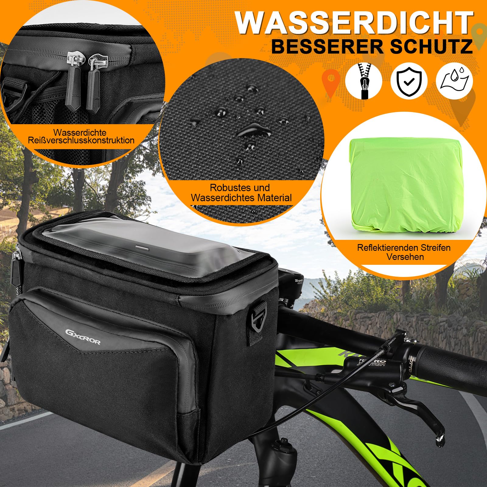 GXCROR Lenkertasche Fahrrad 5.5L Wasserdicht,Mit Touchscreen-Handyhalterung & Schultergurt - Universal für E-Bike, Mountainbike, Citybike