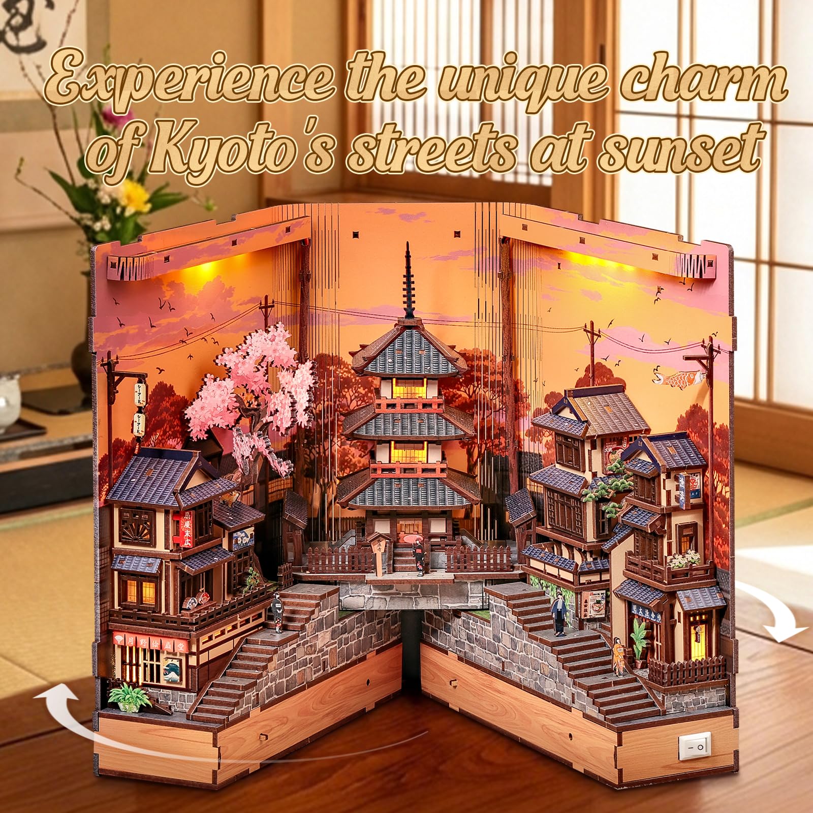 Cutefun Japoński zakątek książki, Japonia, zestaw miniaturowy 3D, drewniane puzzle dla dorosłych, diorama regałowa, rękodzieło, prezent dla kobiet, miłośników puzzli (ścieżka Sakura Path)
