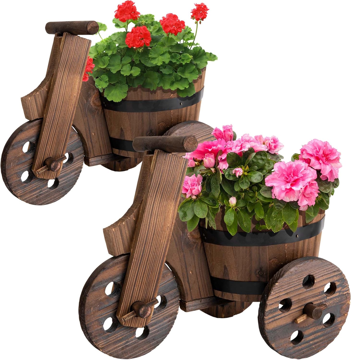 Adnee 2 Pcs Wooden Barrel Tricycle Planter-Rustic Cart Garden Planter Pot-Decorative Raised Barrel Wagon Planter for Indoor Decor Outdoor Patio Lawn Garden Backyard Tricycle-2 Pcs