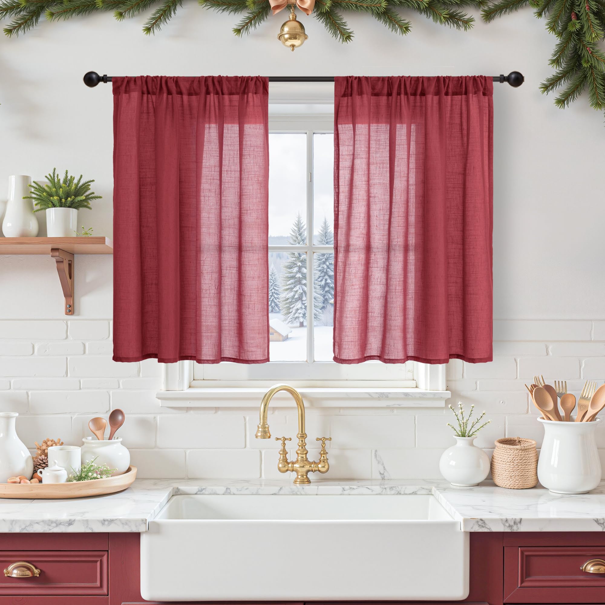 BGment Burgundy Linen Kitchen Window Curtains Over Sink 36 Inch Length, Short Cafe Drapes Lightweight Semi Sheer with Rod Pocket for Bathroom Windows, 2 Panels Set, Each 42 Inch Wide
