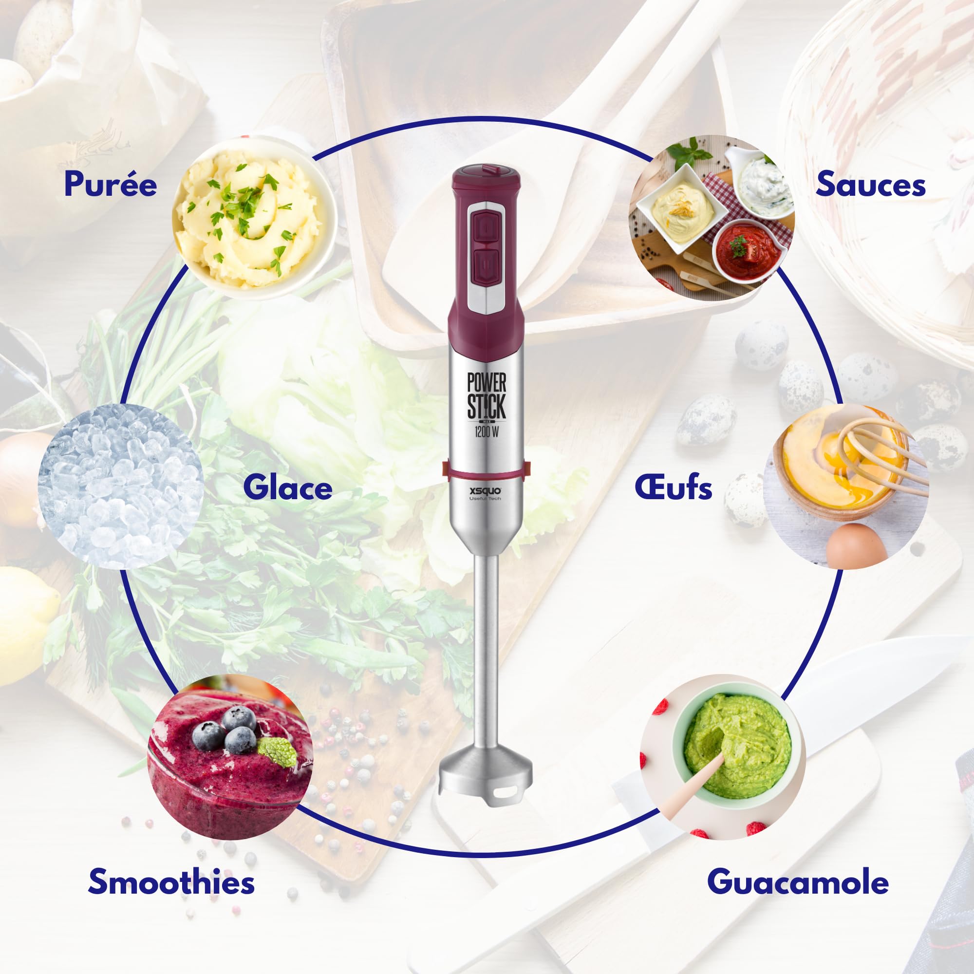 Mixeur Plongeant Batteur à Main et Robot Multifonctions Hachoir Electrique Mixer Plongeur Smoothies Soupe Hand Blender 5 en1 avec tiges et godet inclus - XsQuo