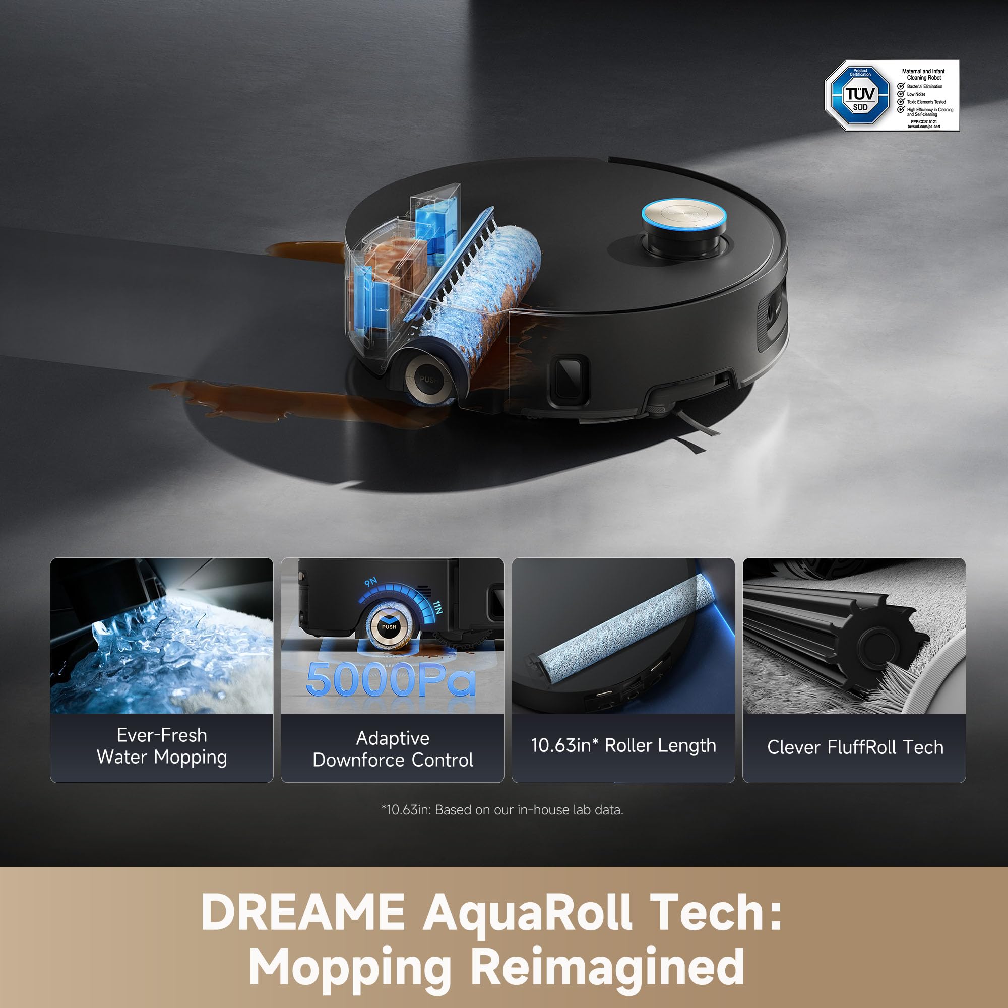 DREAME Aqua10 Ultra Roller Robot Aspirapolvere completo e mocio & 30.000 Pa di aspirazione, dock autopulente e mocio scorrevole, lavaggio termico e asciugatura, protezione tappeti, fotocamera AI e