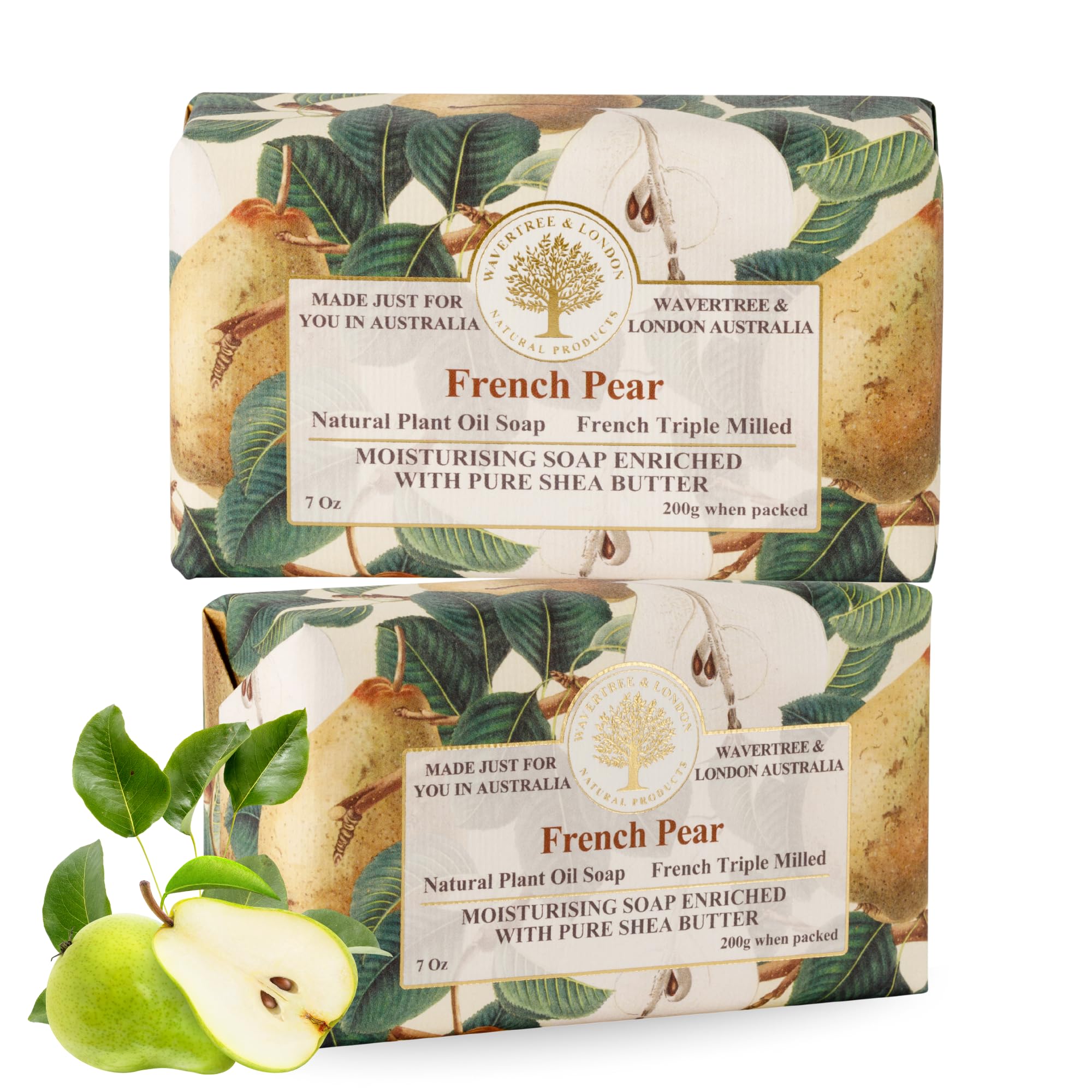 Wavertree & London French Pear Scented Natural Soap (2 Bars), 7oz Moisturizing French Triple Milled Soap Bars enriched with shea butter - Pure Plant