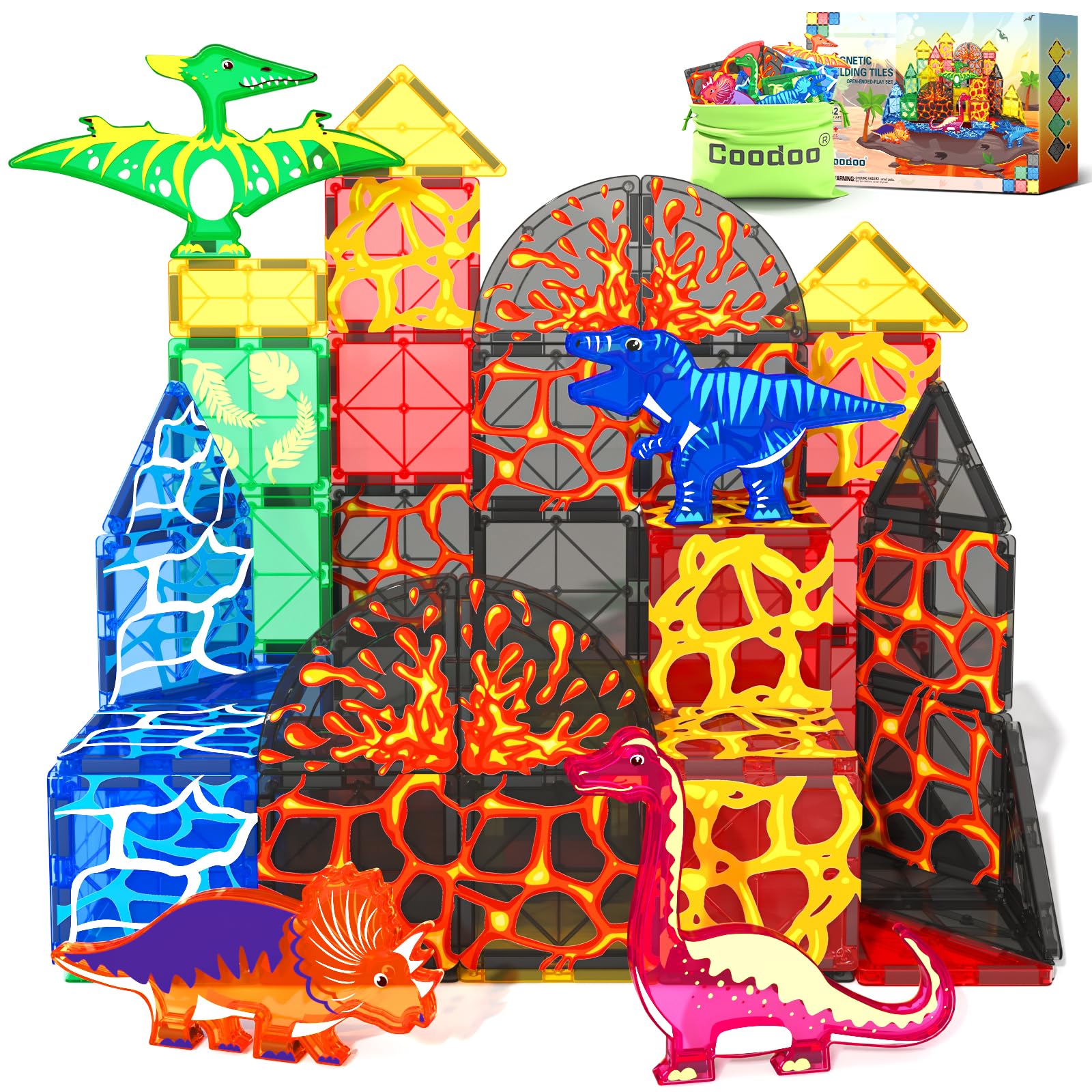 Coodoo Dinosaur Toys Magnetic Tiles Lava Dinosaur World Set - Magnetic Blocks Building for Kids 3-5 5-7 Girls Boys Toy Age 4-6 6-8, Classroom Must Haves Toddler Sensory for 3+ Year Old Kids Toys