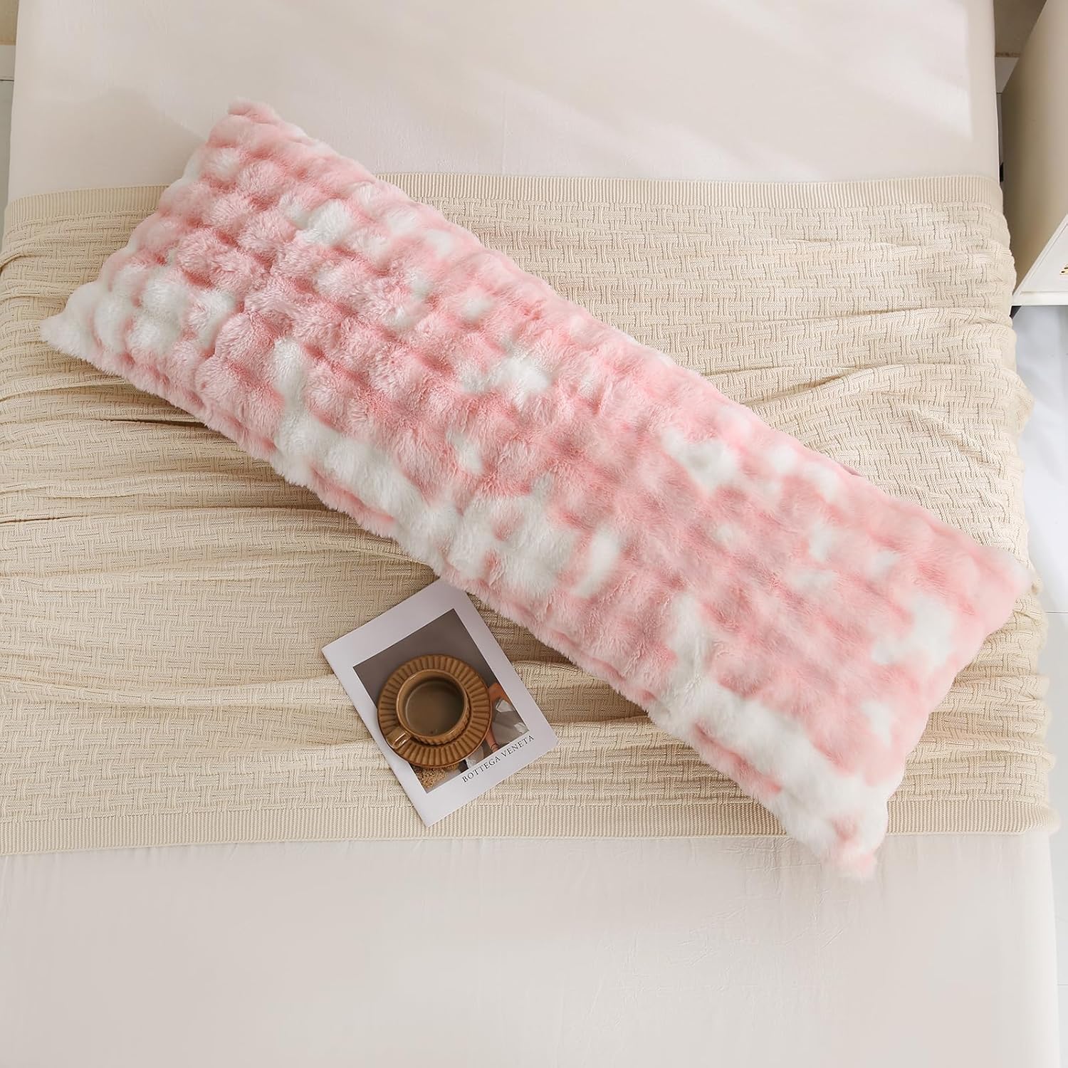 Pink Fluffy Body Pillow Cover Faux Fur Pillowcase Extra Soft Fuzzy Plush Long Pillow Cover Gradient Pink Shaggy Body Pillow Case for Couch Sofa Bed, 20 x 54 Inches