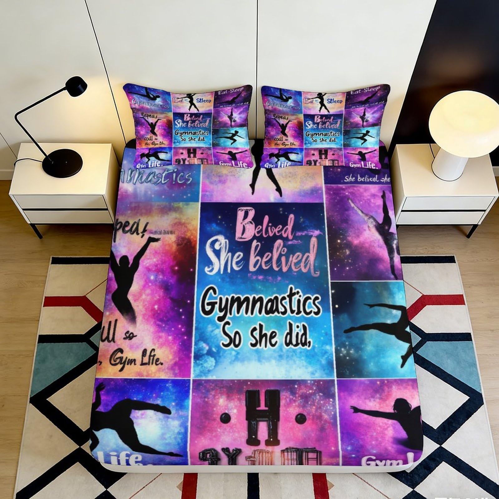 3D Printed Gymnastics Silhouette Fitted Sheet Microfiber Vibrant Galaxy Bed Cover for Bedroom Dorm Mattress Protection Decor 180x200x25cm