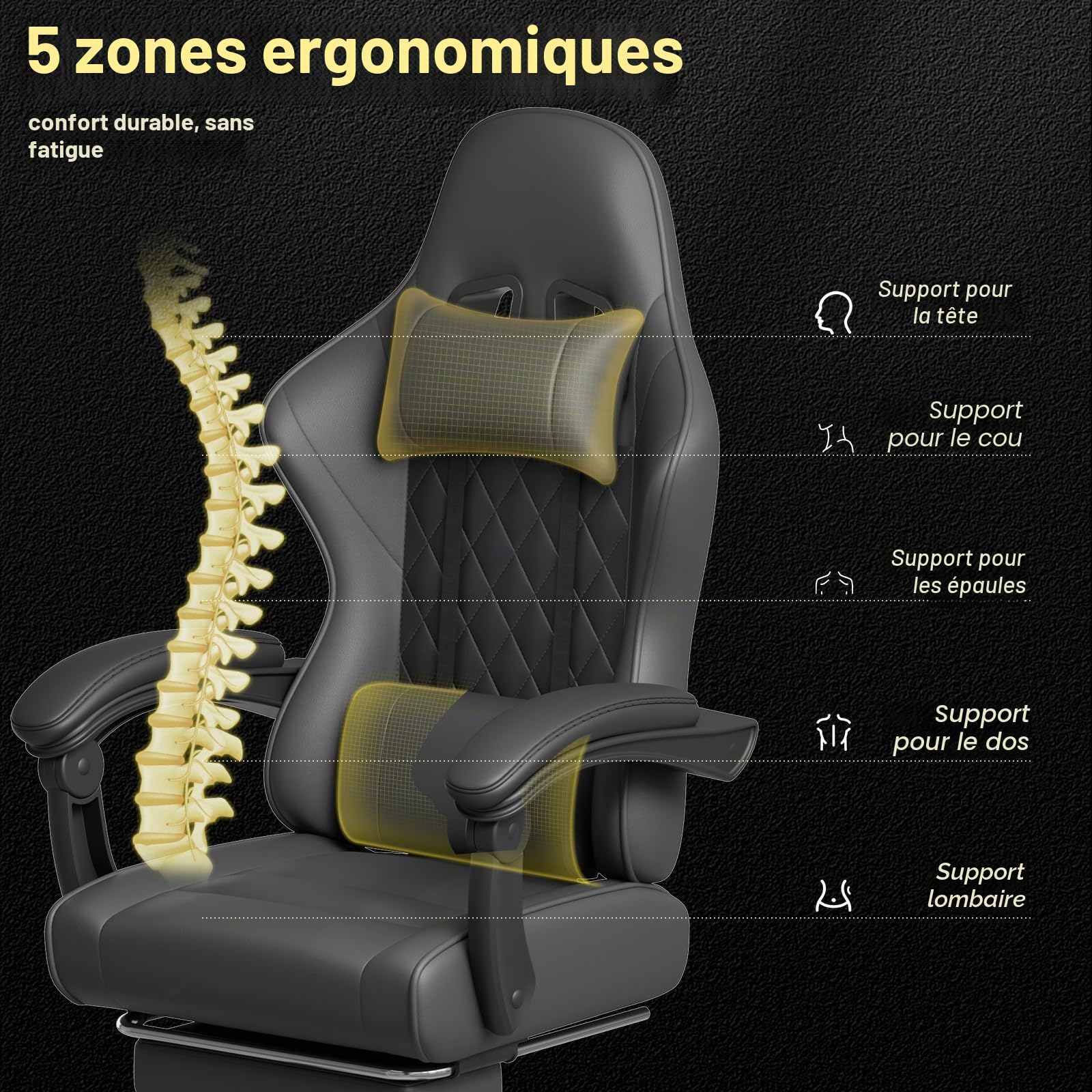 JUMMICO Chaise Gaming Ergonomique, Chaise de Bureau avec Fonction Massage, Fauteuil Gaming avec Repose-Pieds, 150 kg, Noir