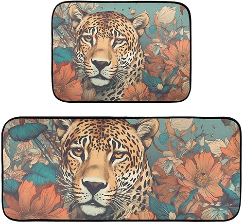 ZENWAWA Leopard Flowery Kitchen Mat 2 Pcs Set, Low Pile Kitchen Rugs Cushioned Water Absorbent Washable Floor Mats for Kitchen Sink Laundry Room