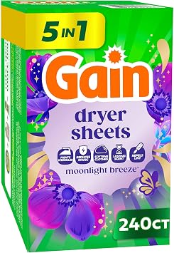 Gain, Laundry Dryer Sheets, Fabric Softener Anti Static Sheets, Moonlight Breeze Scent, 240 Count Packaging May Vary