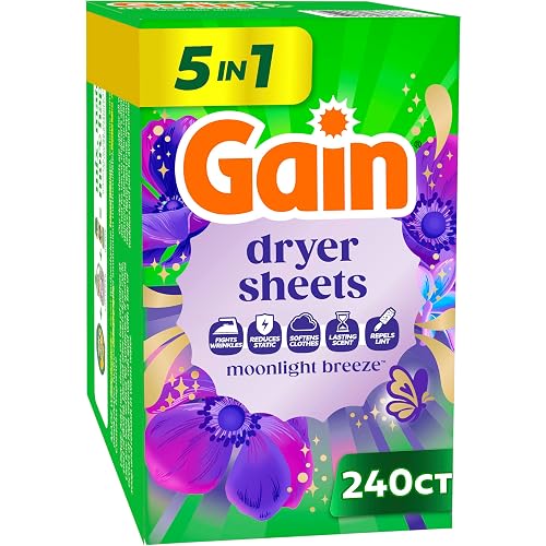 Gain, Laundry Dryer Sheets, Fabric Softener Anti Static Sheets, Moonlight Breeze Scent, 240 Count (Packaging May Vary)