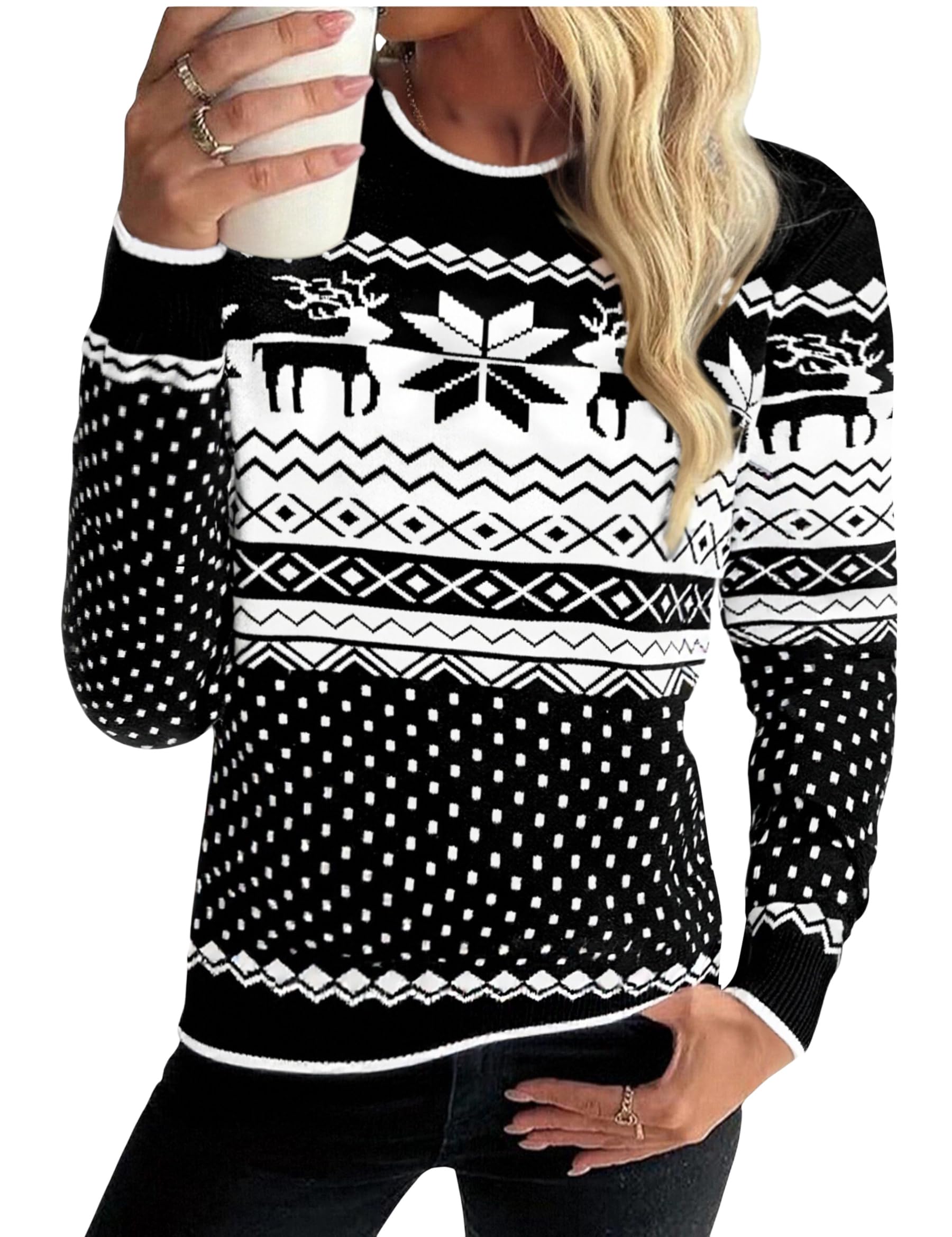 Pull de Noël Famille en Maille Col Rond Motif Renne | Motif renne et flocon, col rond et manches longues pour les fêtes, les soirées d’hiver et les cadeaux de Noël.
