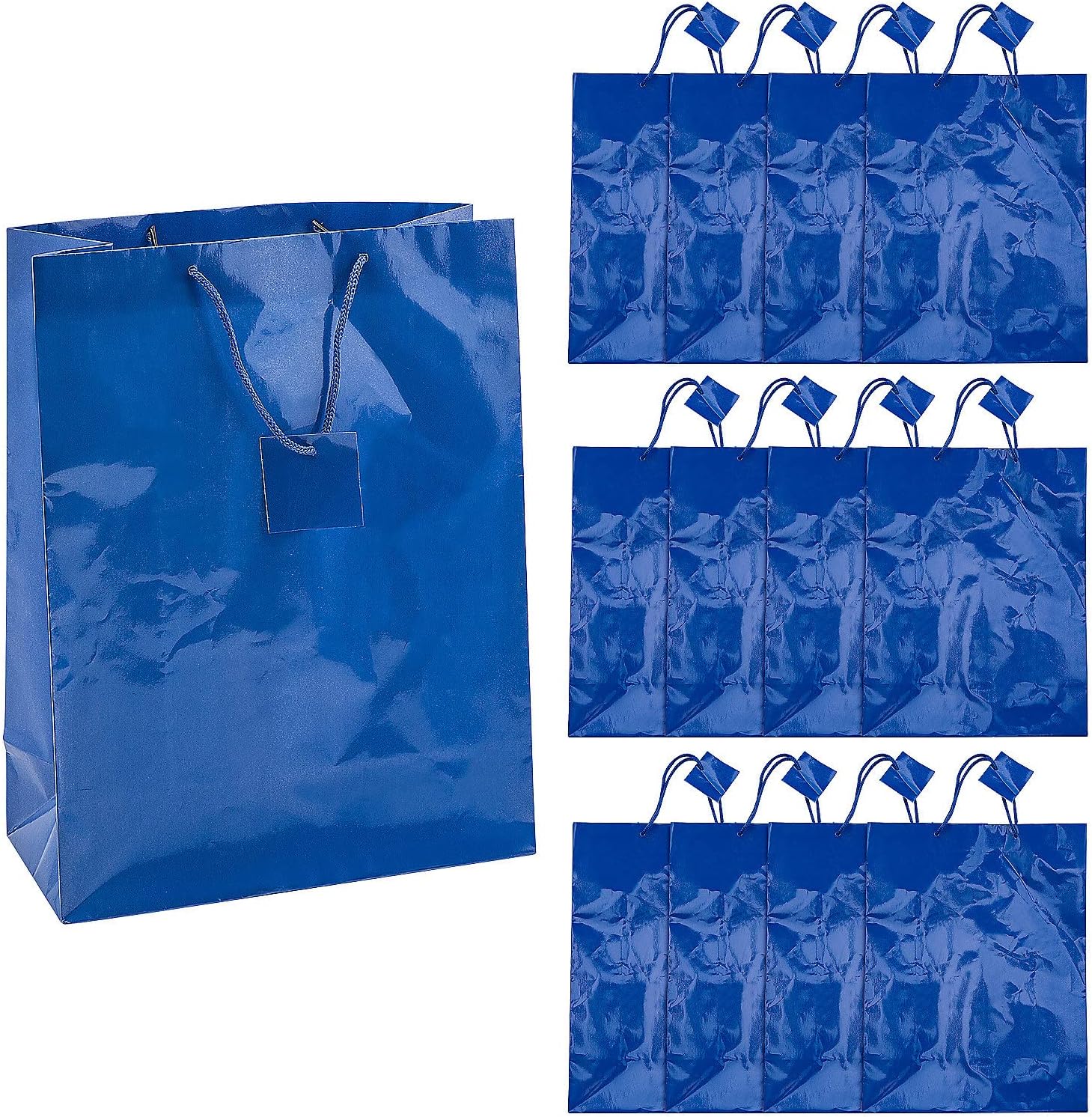 Fun Express Bolsas de regalo grandes de papel azul real de 10 x 13 pulgadas con etiqueta, 12 piezas