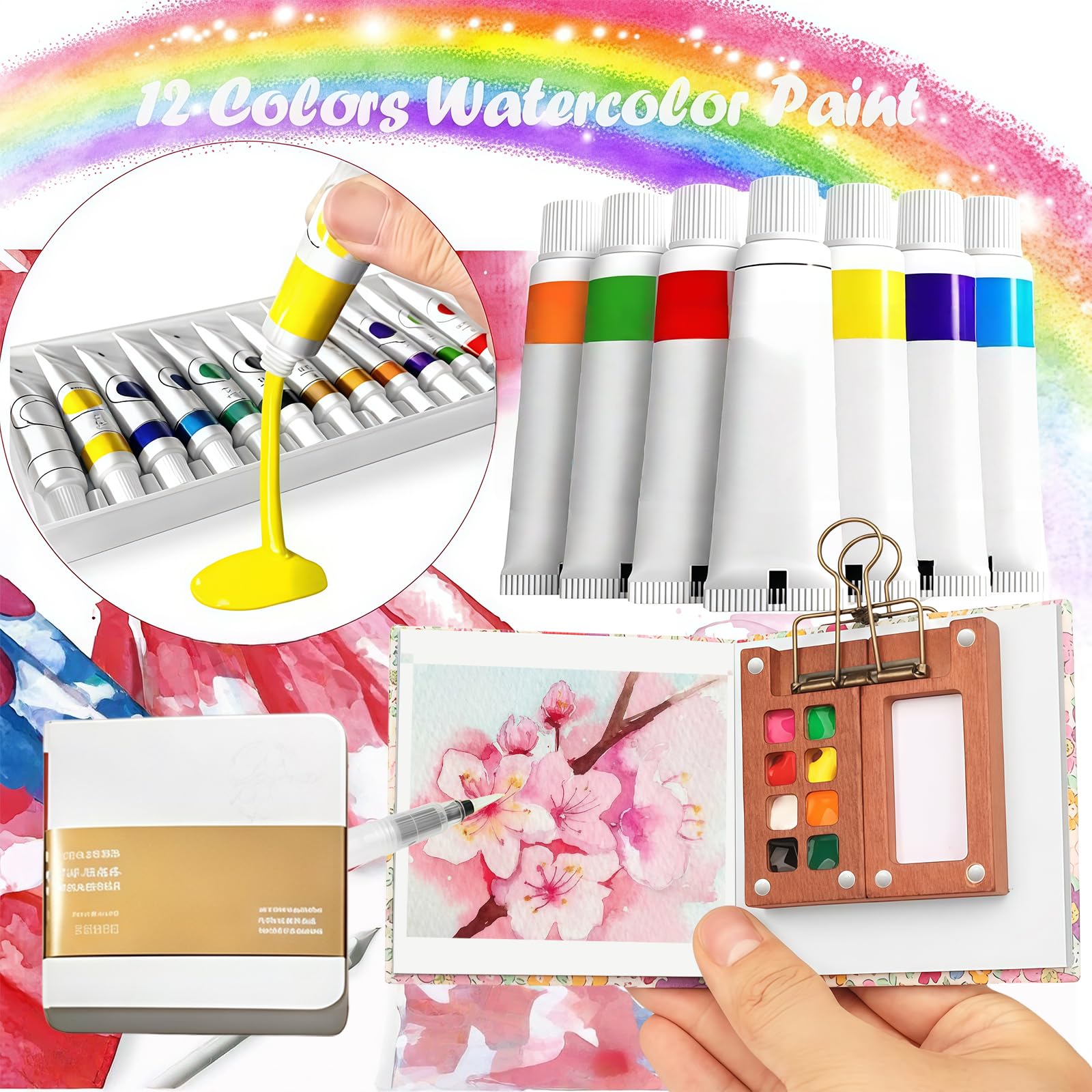 Yamobi Kit tavolozza per pittura ad acquerello in miniatura a 8 griglie, mini scatole da pittura ad acquerello, portatili, per acquerello, tavolozza di legno