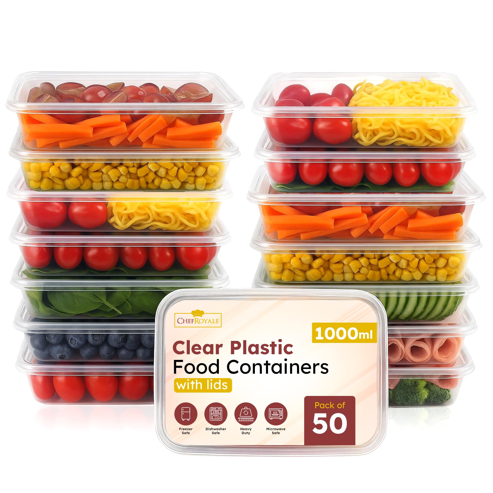 Chef Royale Transparent Food Storage Container With Lids 50 X 1000Ml Plastic Food Prep Takeaway Container With Airtight Lids Microwave, Freezer & Dishwasher Safe Ideal For Takeaway Recyclable (50, 1000Ml)