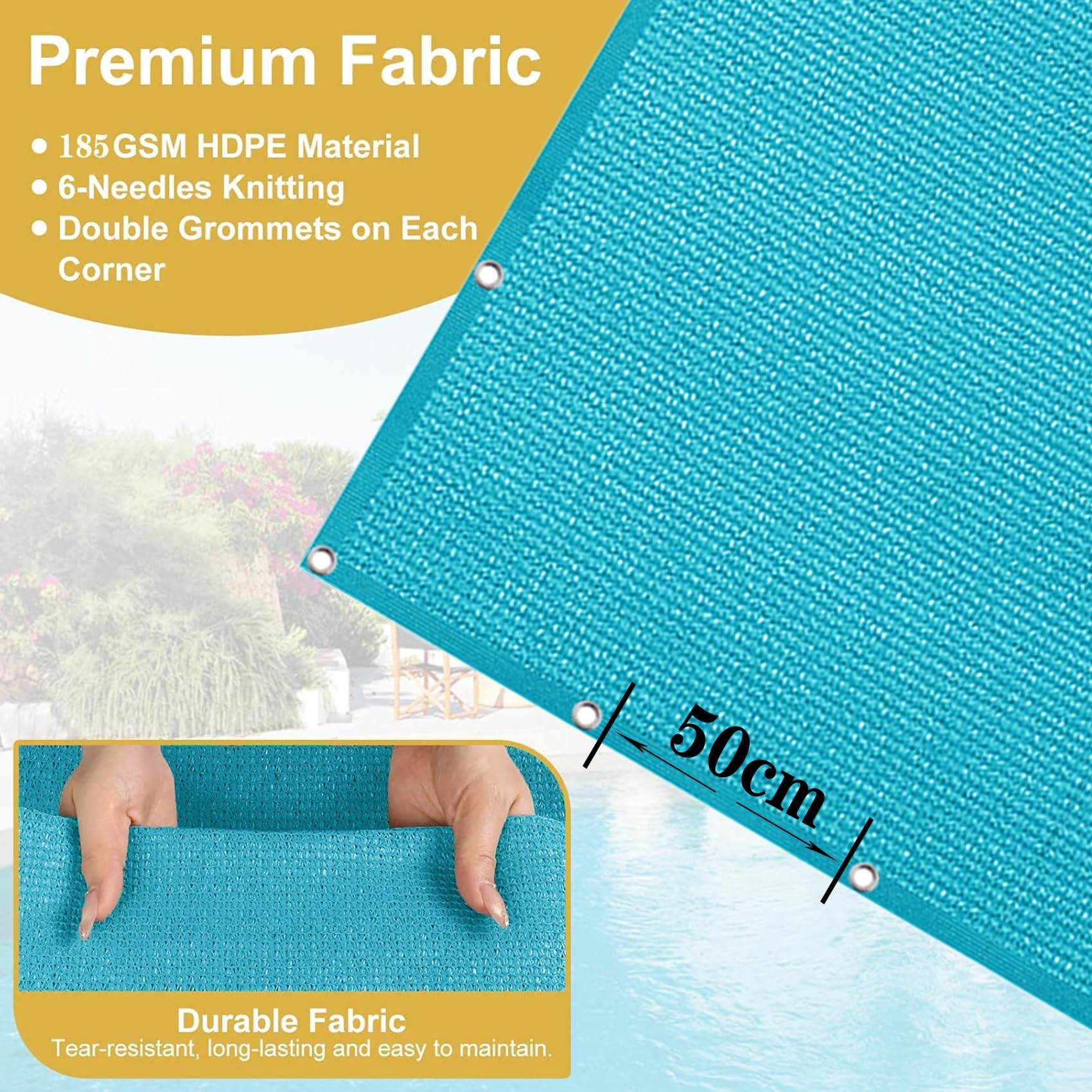 Błękitny zewnętrzny żagiel przeciwsłoneczny 70 x 540 cm – ochrona przed promieniowaniem UV, oddychająca tkanina, przelotki, w zestawie, idealne do ogrodu, na patio, balkon, ochrona przed wiatrem
